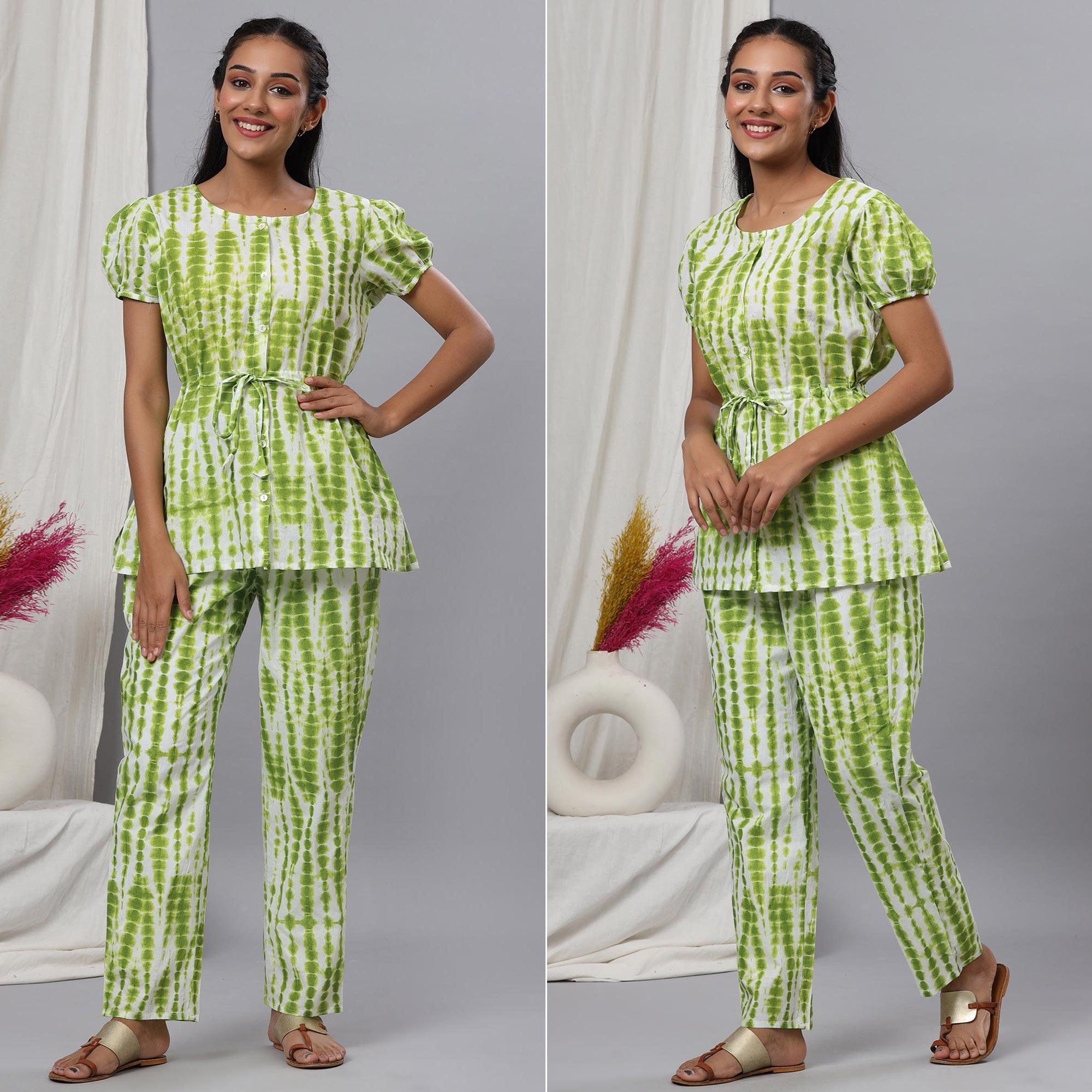Green Printed Pure Cotton Night Suit - Peachmode