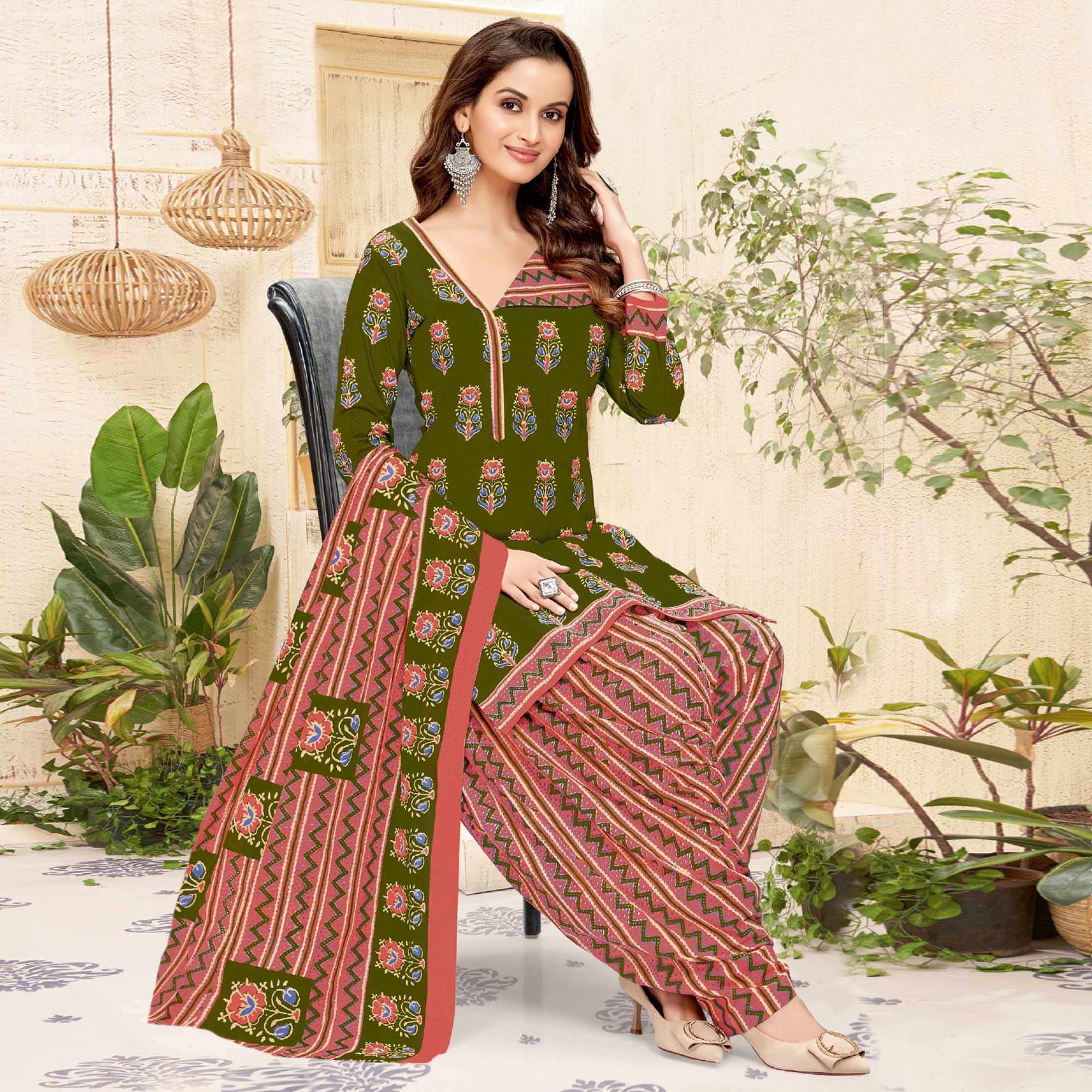 Green Printed Pure Cotton Patiala Dress Material - Peachmode