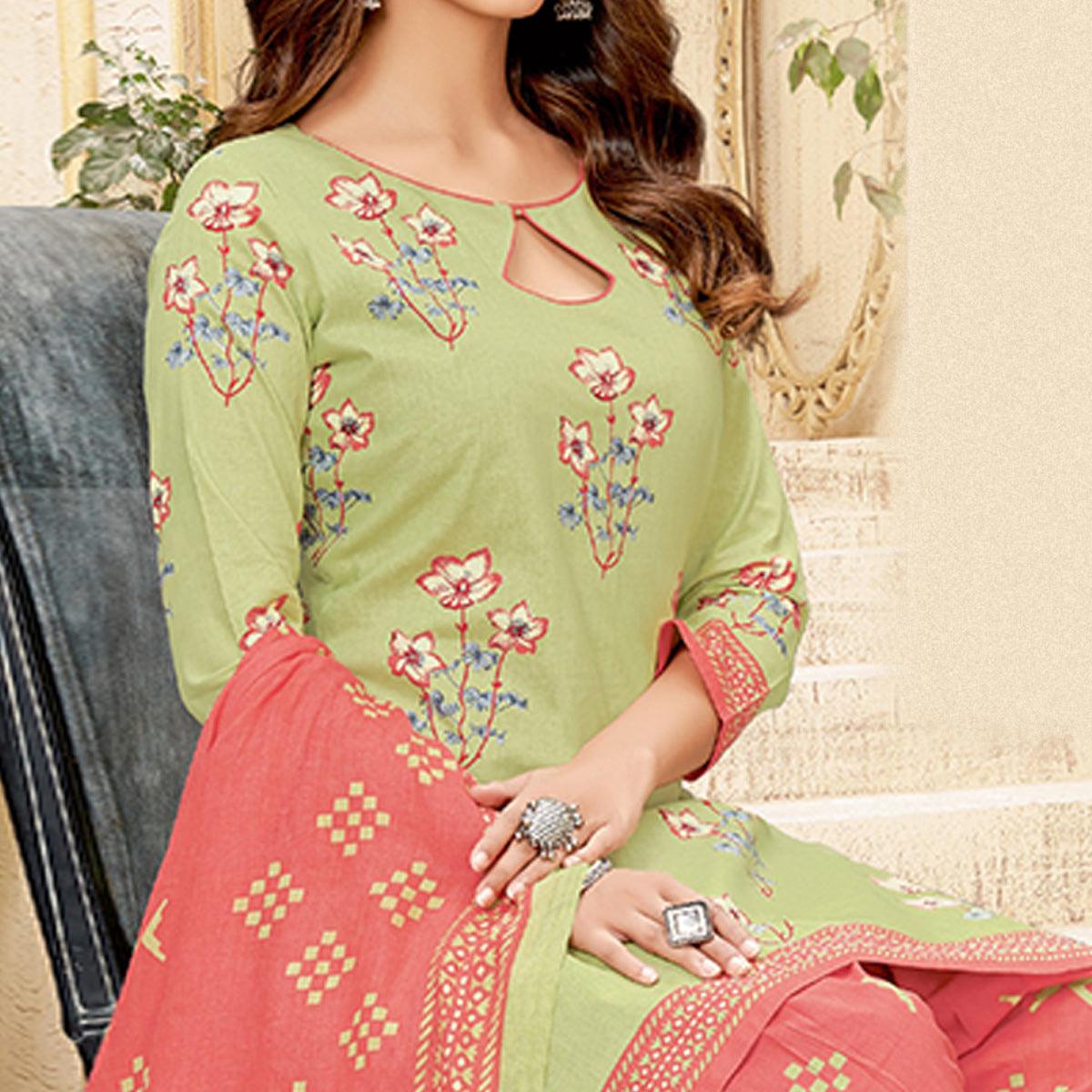 Green Printed Pure Cotton Patiala Dress Material - Peachmode