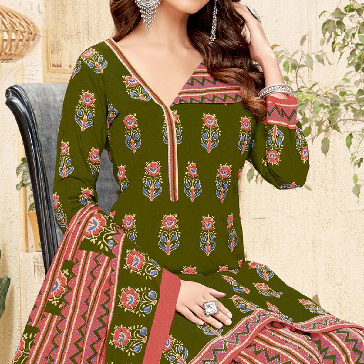 Green Printed Pure Cotton Patiala Dress Material - Peachmode