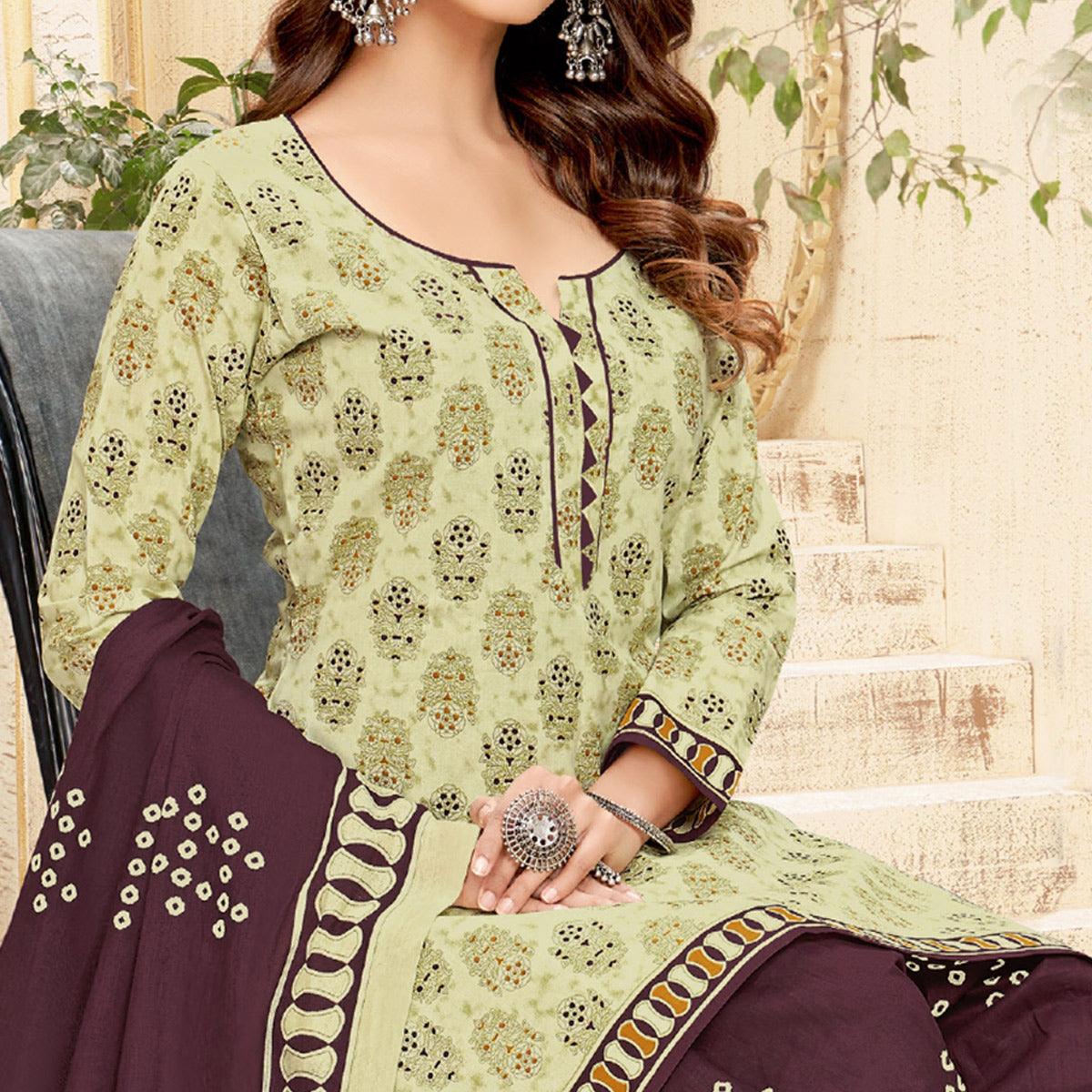 Green Printed Pure Cotton Patiala Dress Material - Peachmode