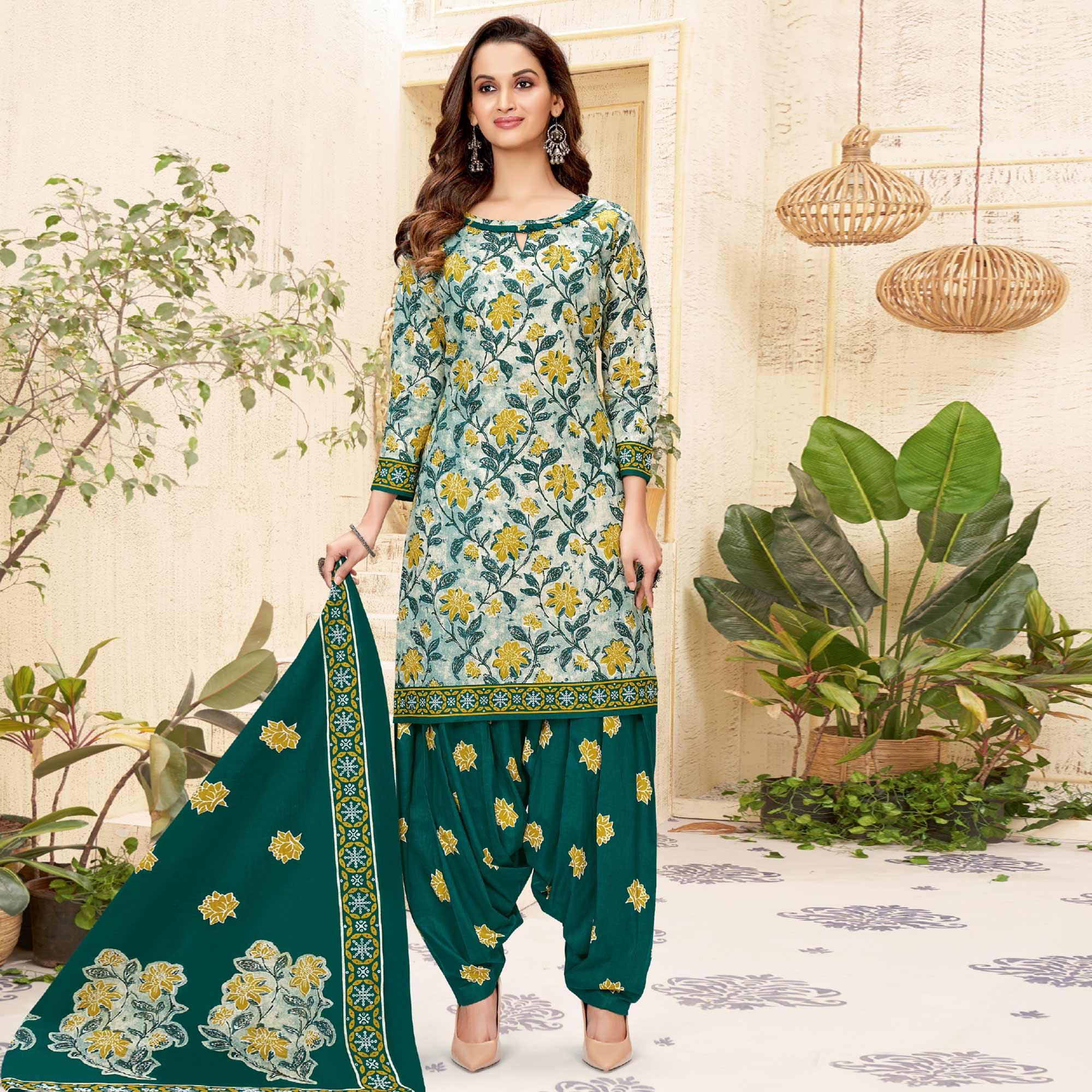 Green Printed Pure Cotton Patiala Dress Material - Peachmode