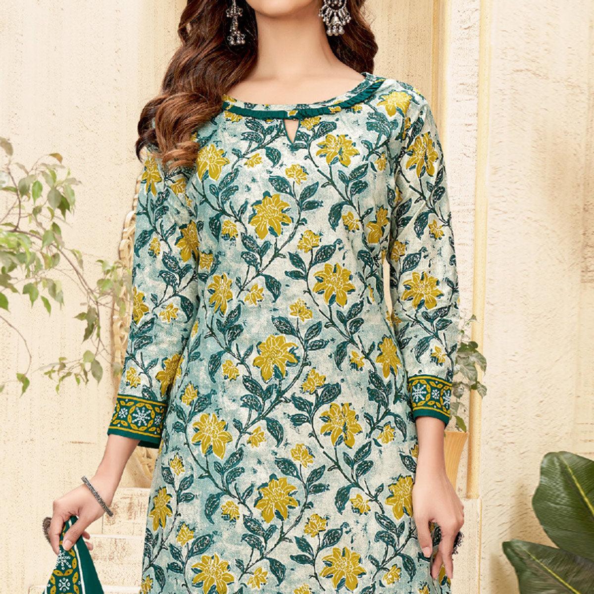 Green Printed Pure Cotton Patiala Dress Material - Peachmode