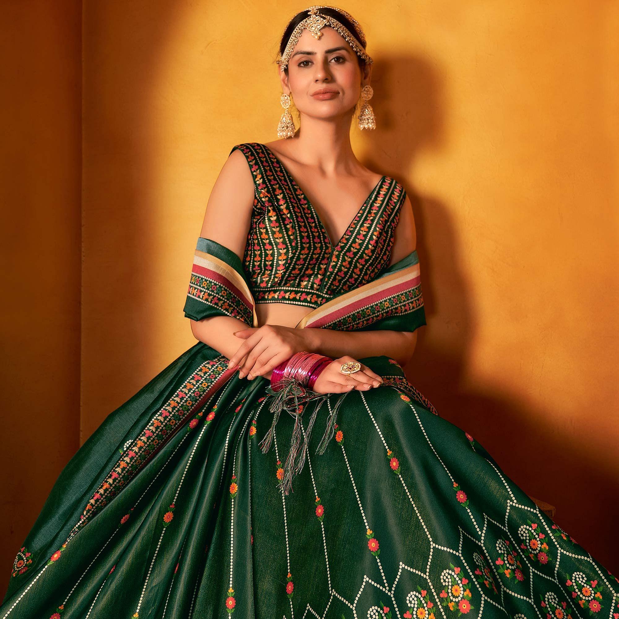 Green Printed Pure Silk Lehenga Choli - Peachmode
