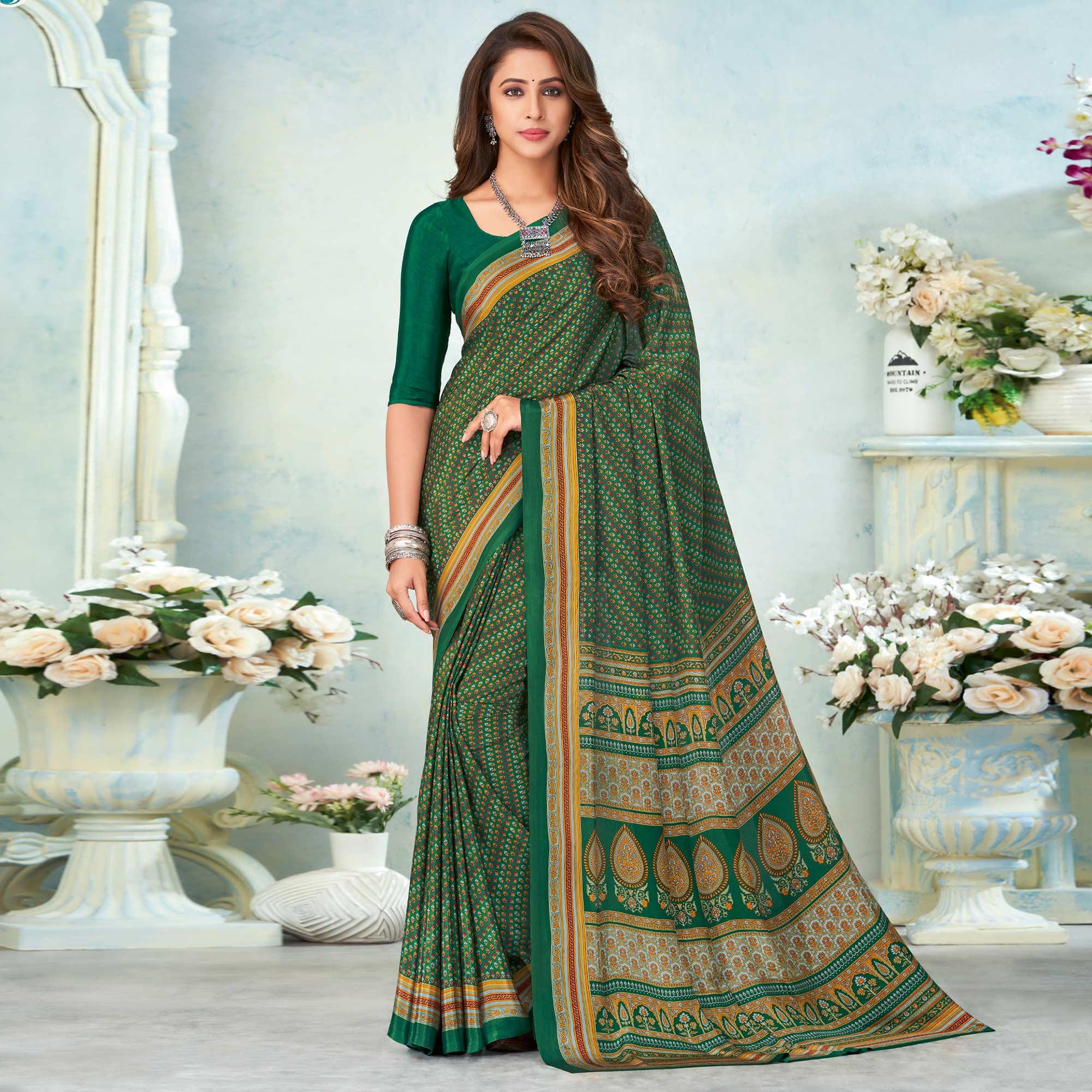 Green Printed Raw Silk Saree - Peachmode