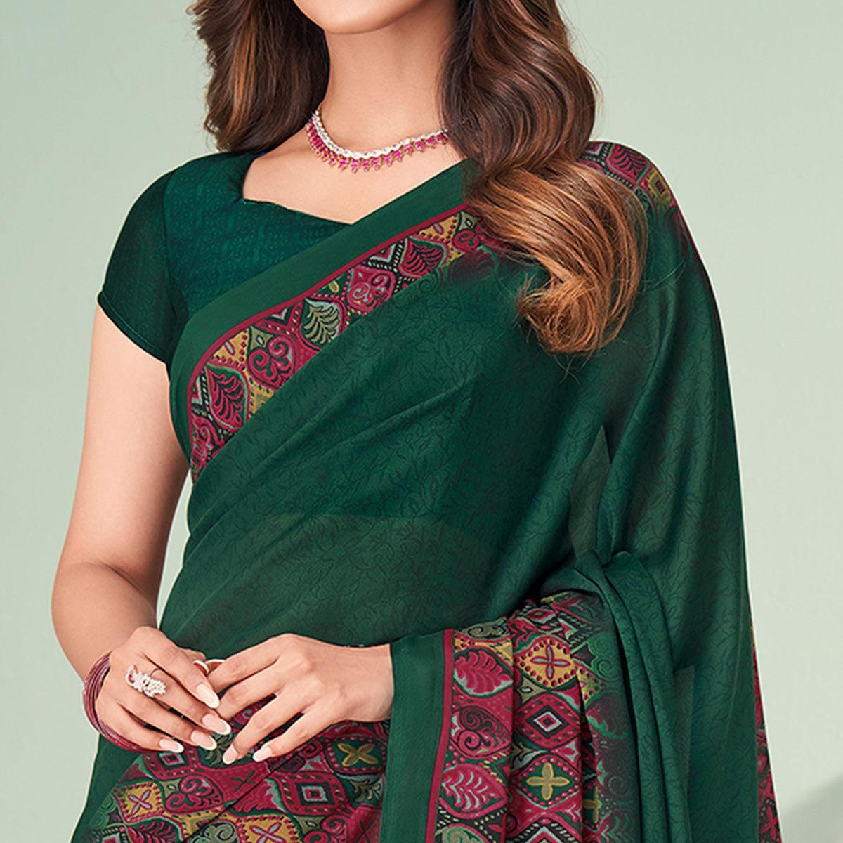 Green Printed Raw Silk Saree - Peachmode