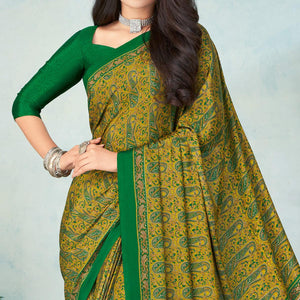 Green Printed Raw Silk Saree - Peachmode