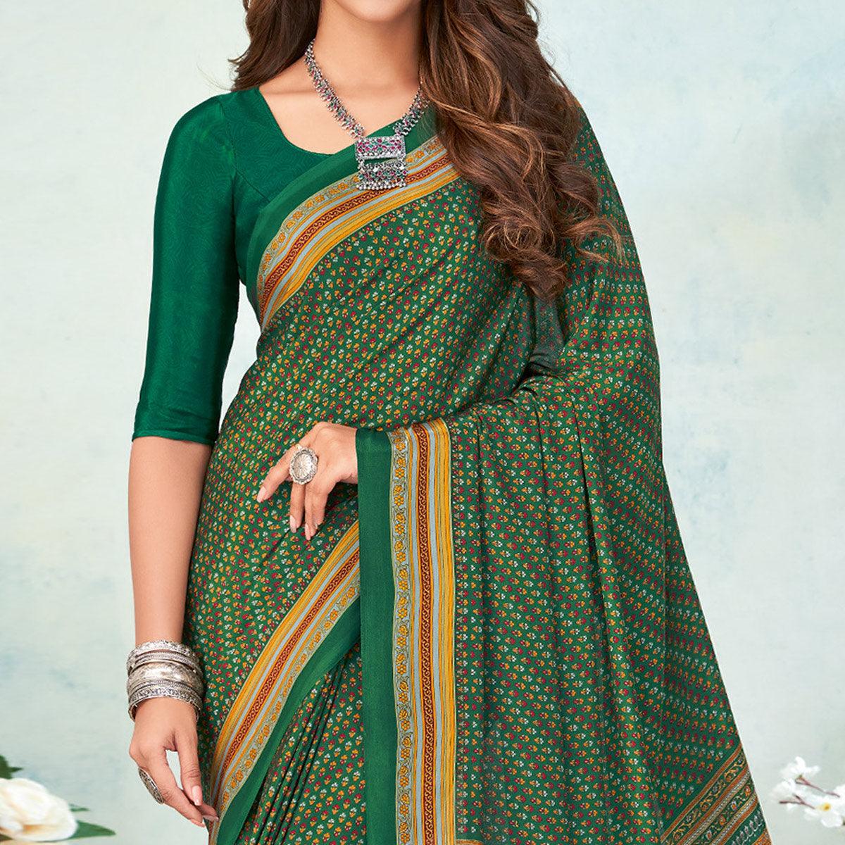 Green Printed Raw Silk Saree - Peachmode