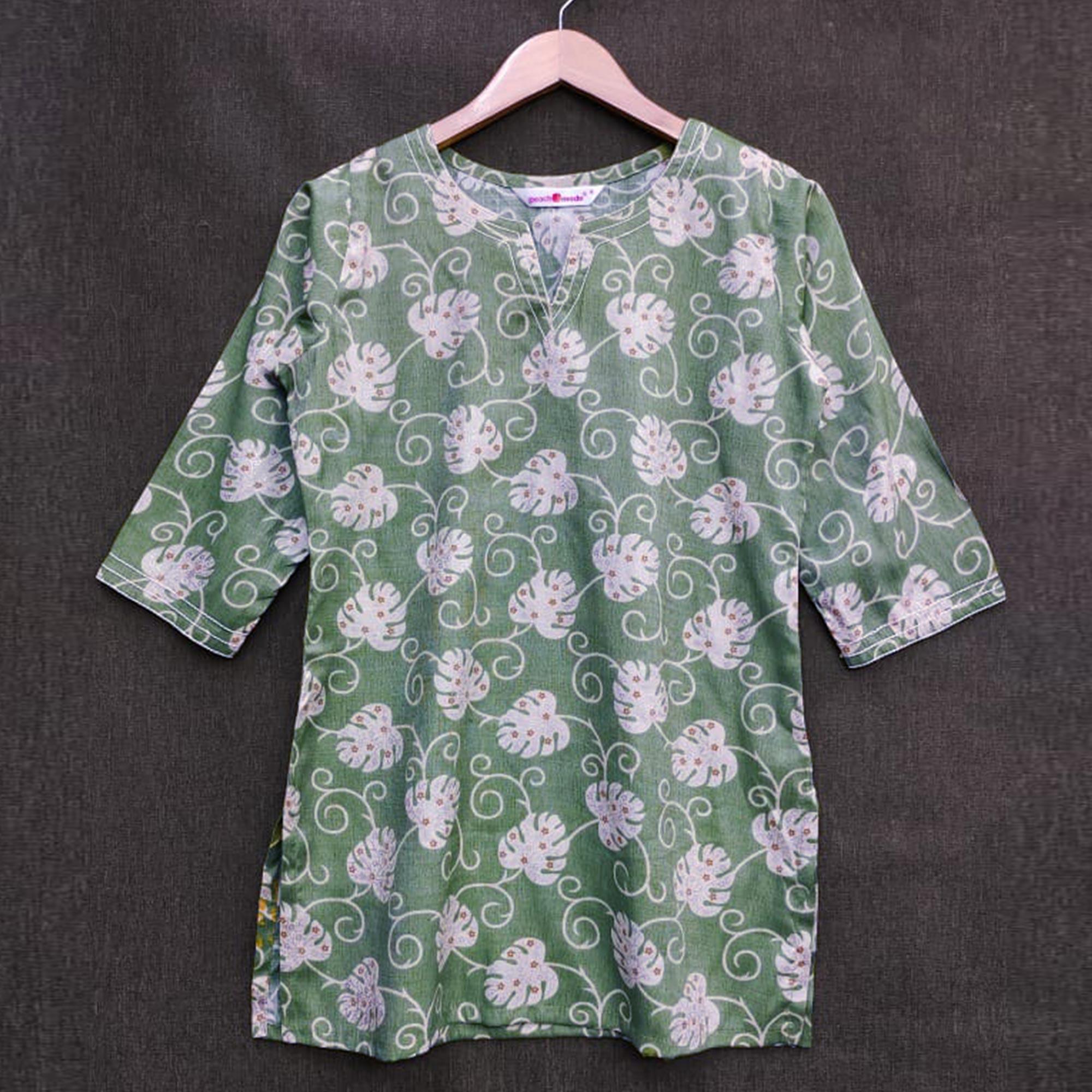 Green Printed Rayon Top - Peachmode