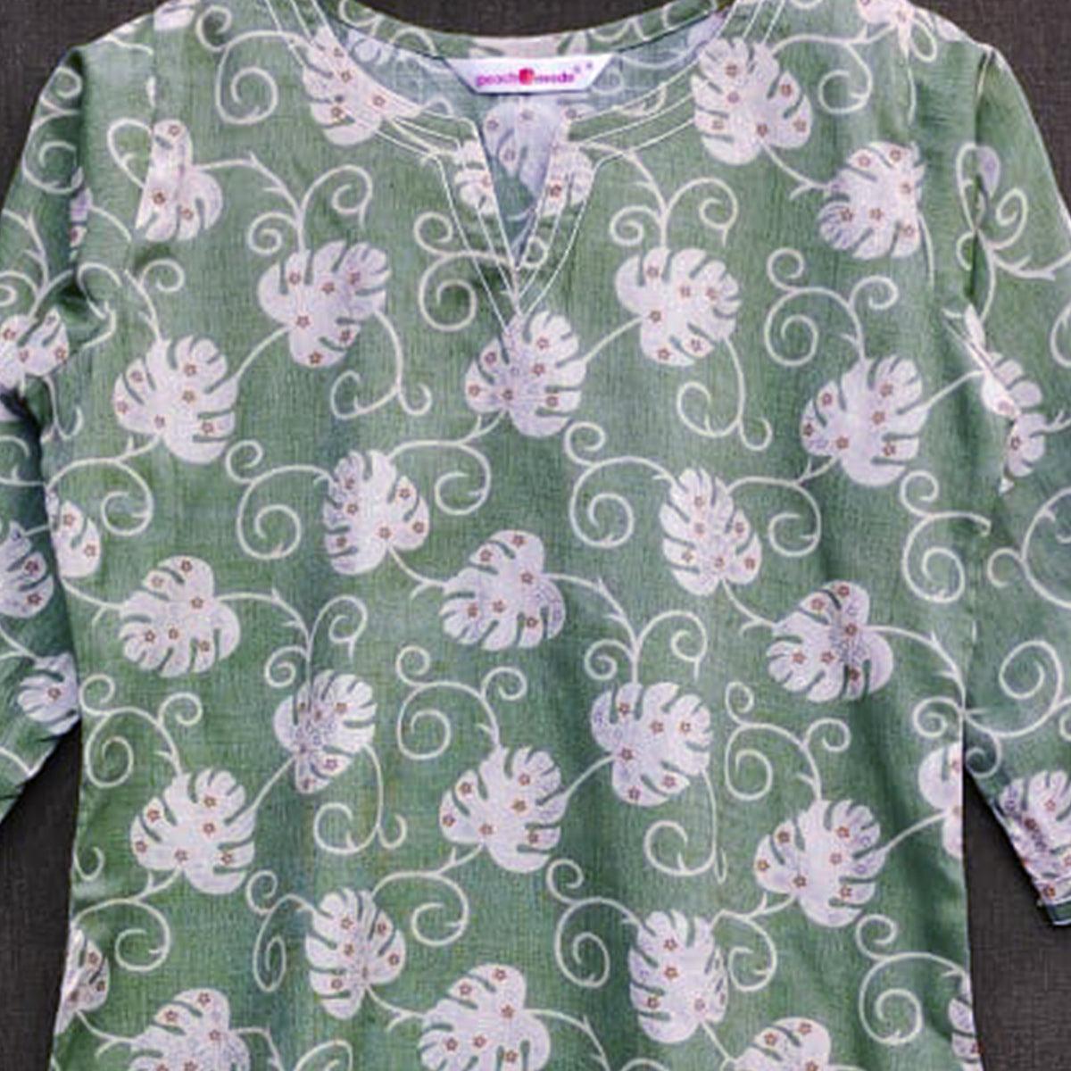 Green Printed Rayon Top - Peachmode