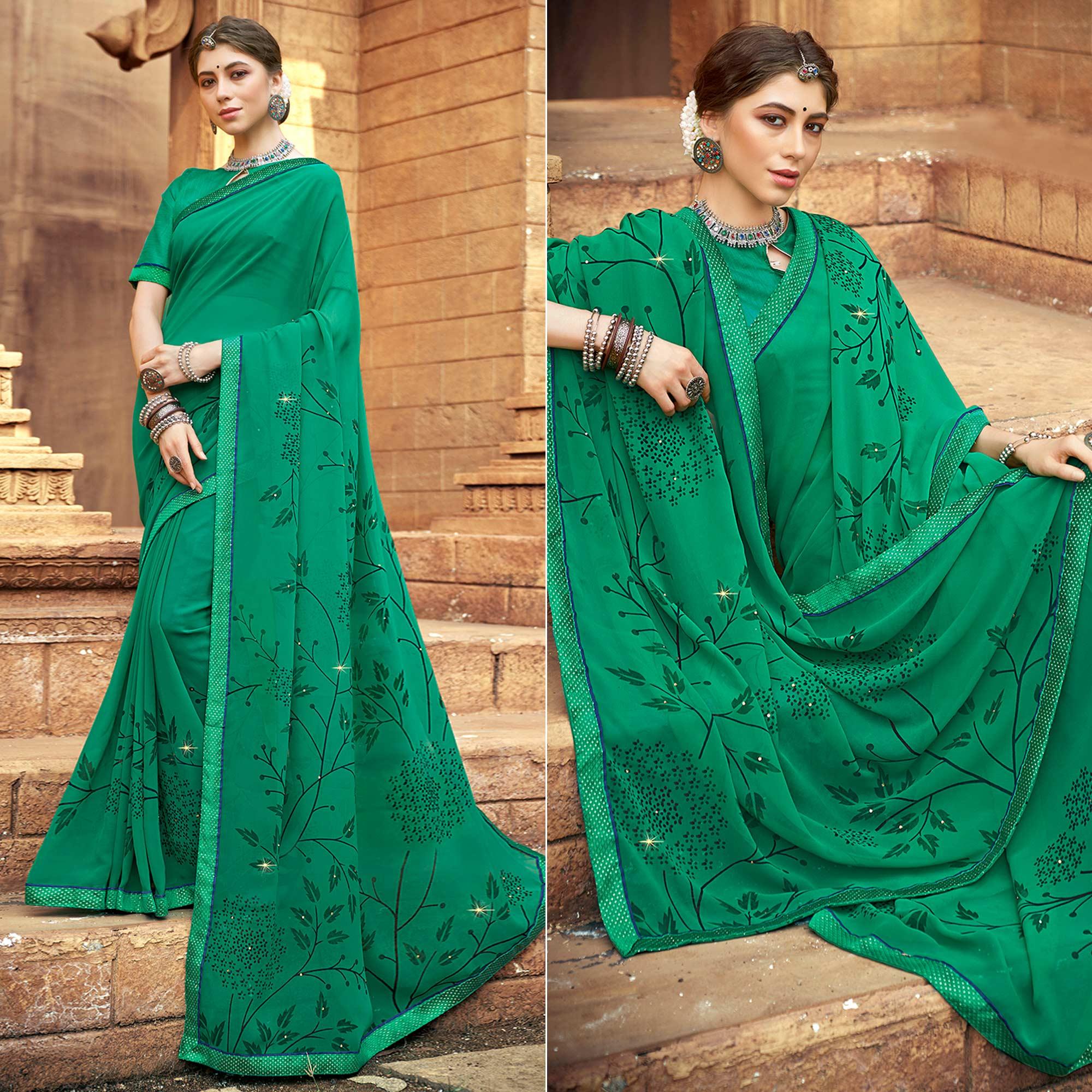 Green Printed-Sequins Work Georgette Saree - Peachmode