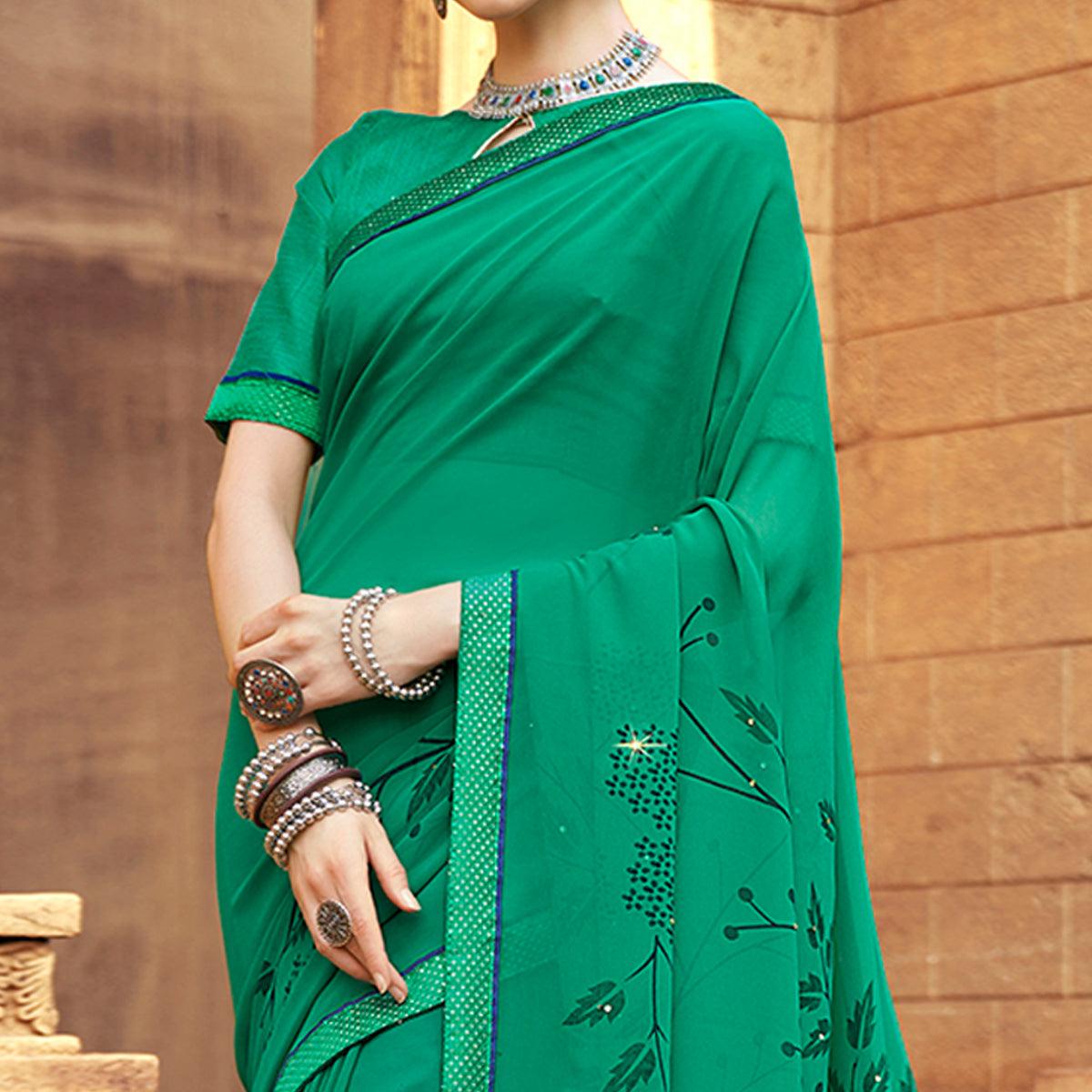 Green Printed-Sequins Work Georgette Saree - Peachmode