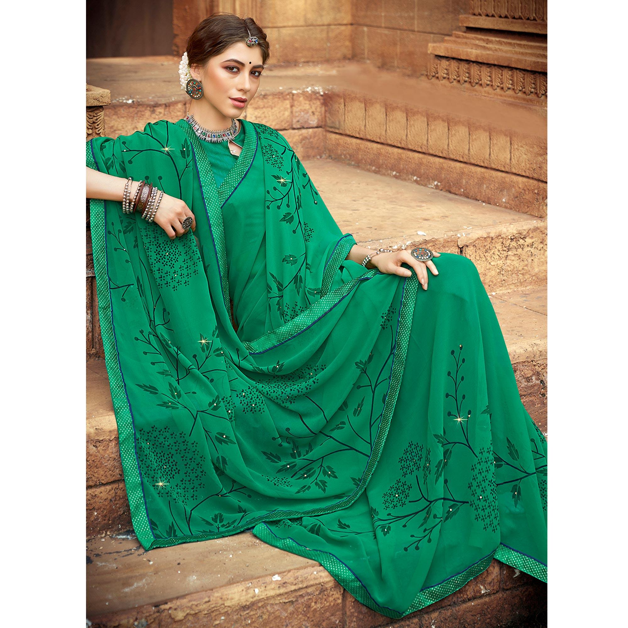 Green Printed-Sequins Work Georgette Saree - Peachmode