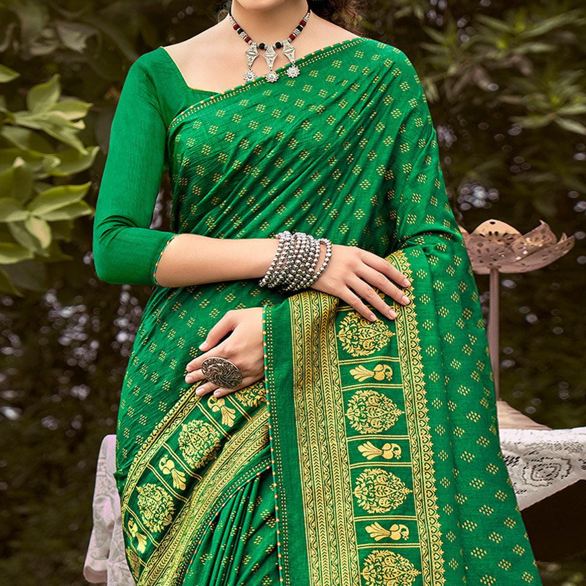 Green Printed Vichitra Silk Saree With Tassels - Peachmode