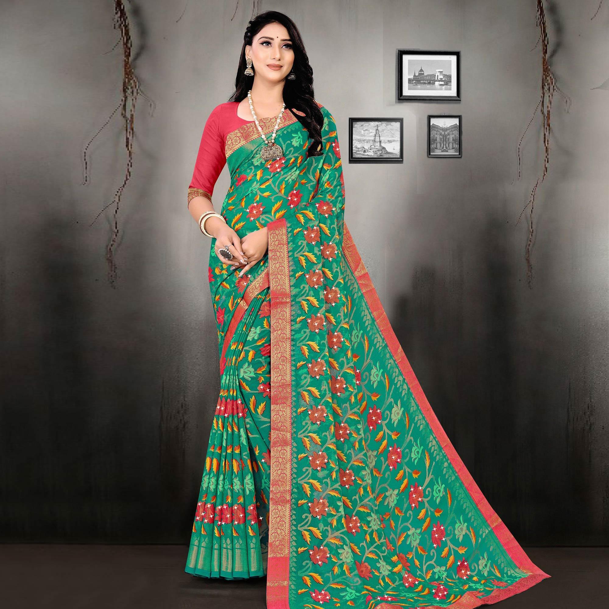 Green Printed With Embellished Brasso Saree - Peachmode