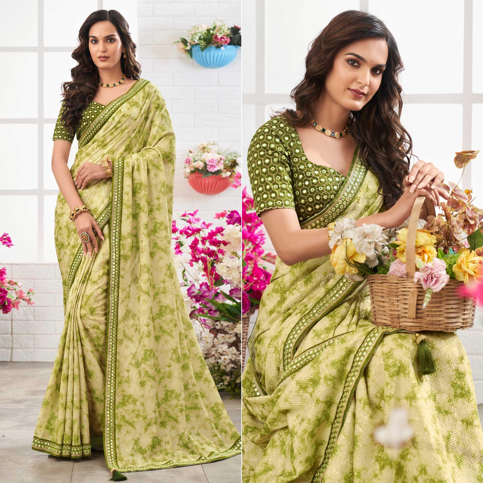 Green Printed With Embellished Chiffon Saree With Tassels - Peachmode