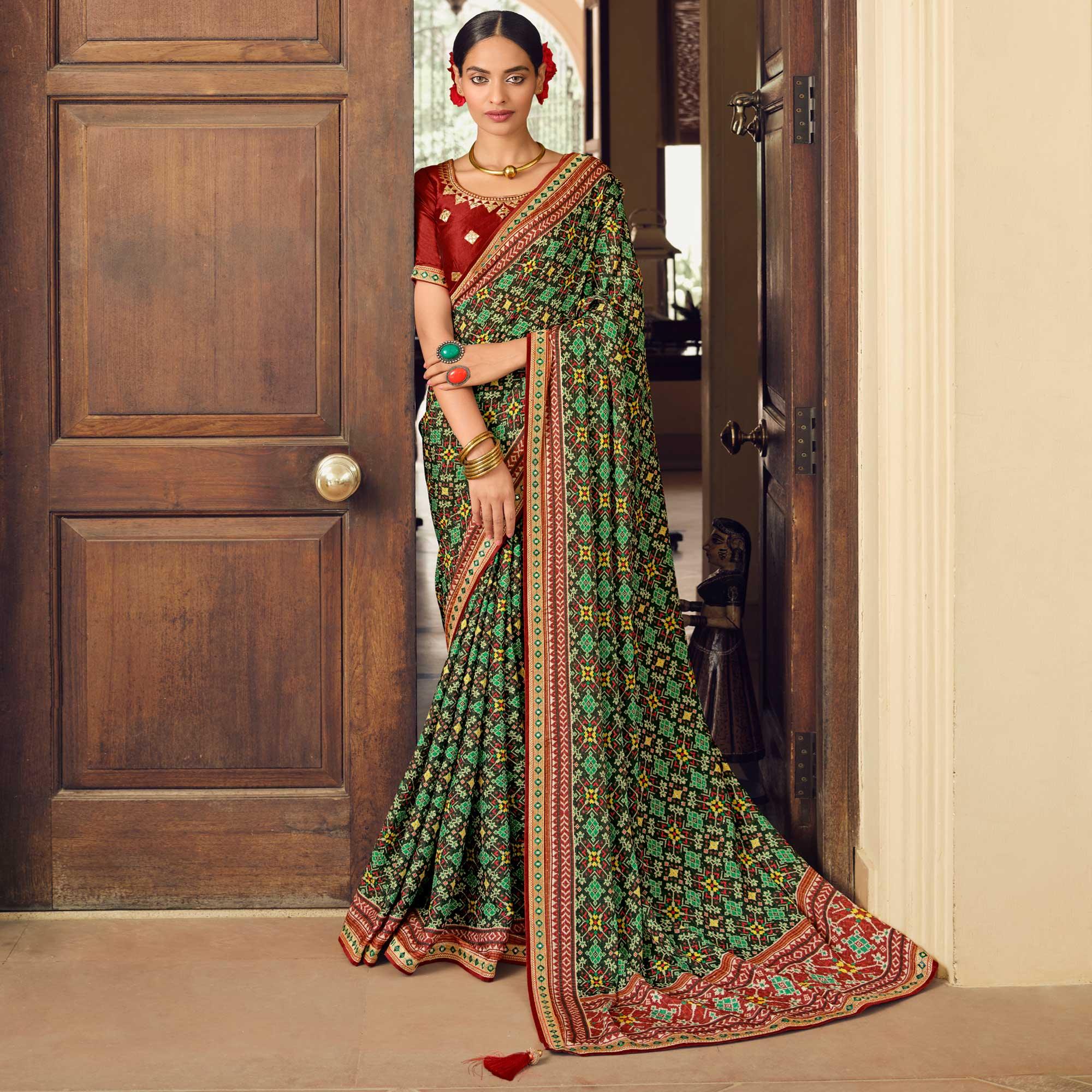 Green Printed With Embellished Chiffon Saree With Tassels - Peachmode