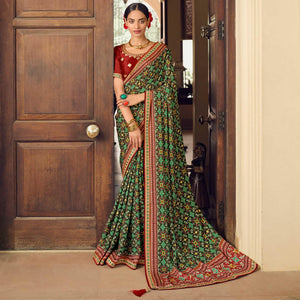 Green Printed With Embellished Chiffon Saree With Tassels - Peachmode
