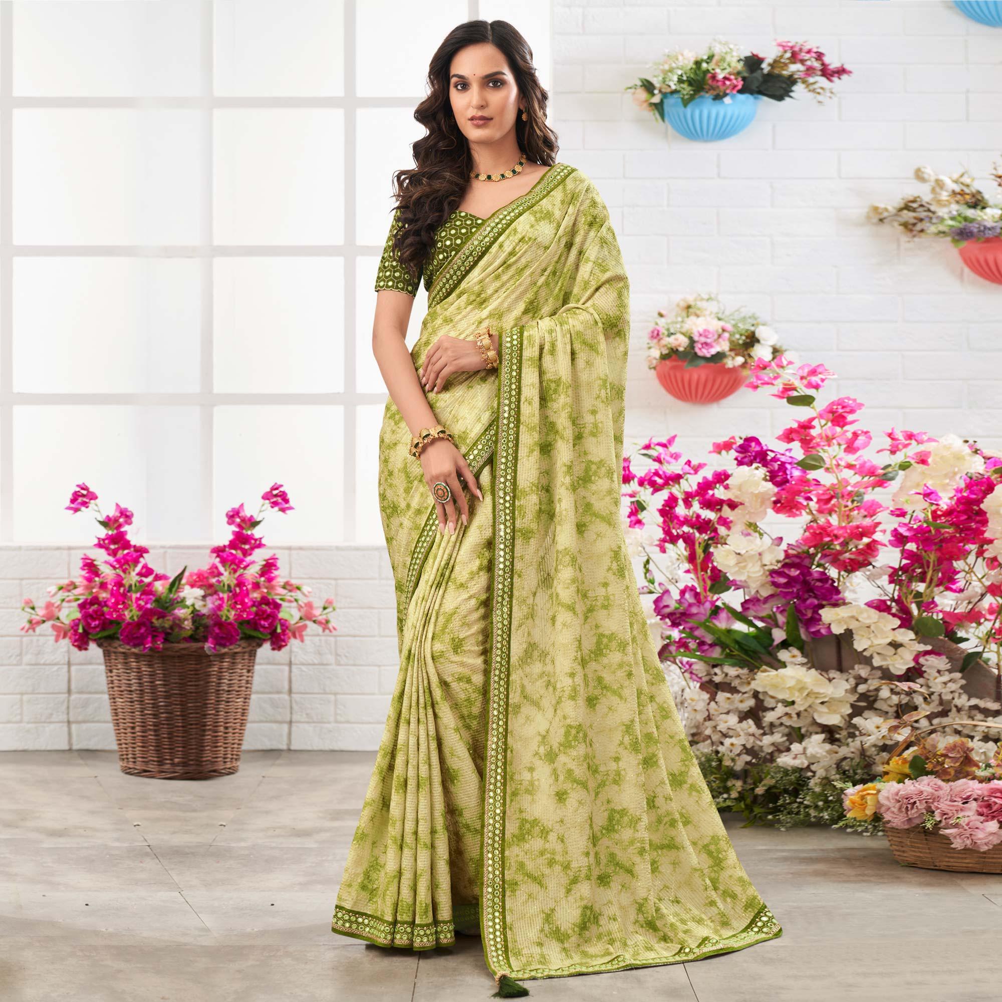 Green Printed With Embellished Chiffon Saree With Tassels - Peachmode