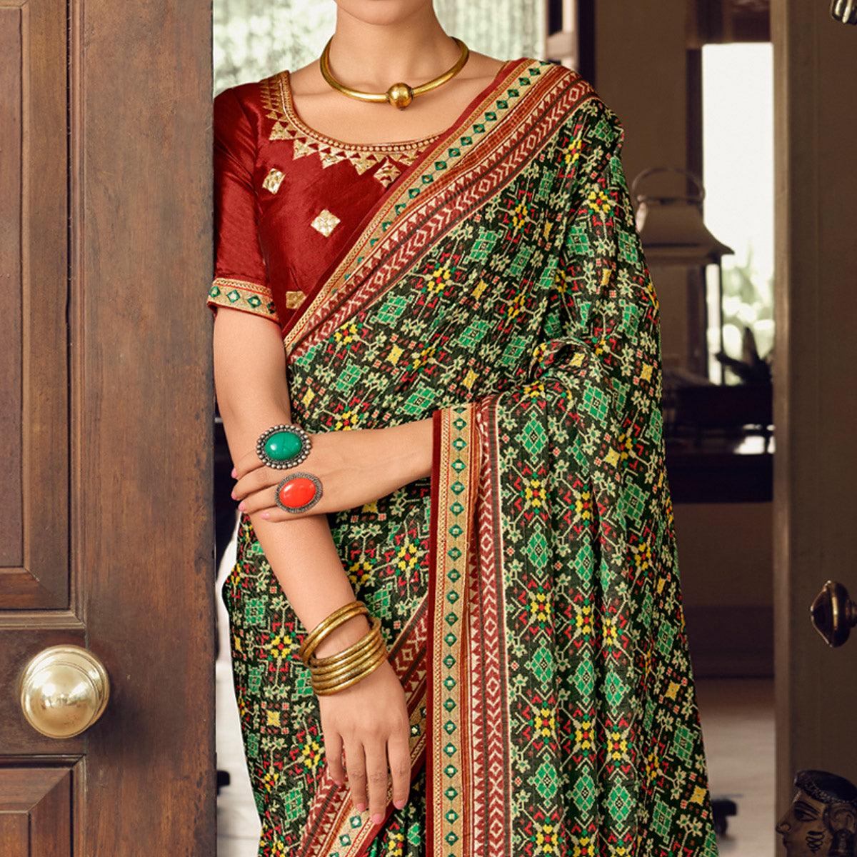 Green Printed With Embellished Chiffon Saree With Tassels - Peachmode