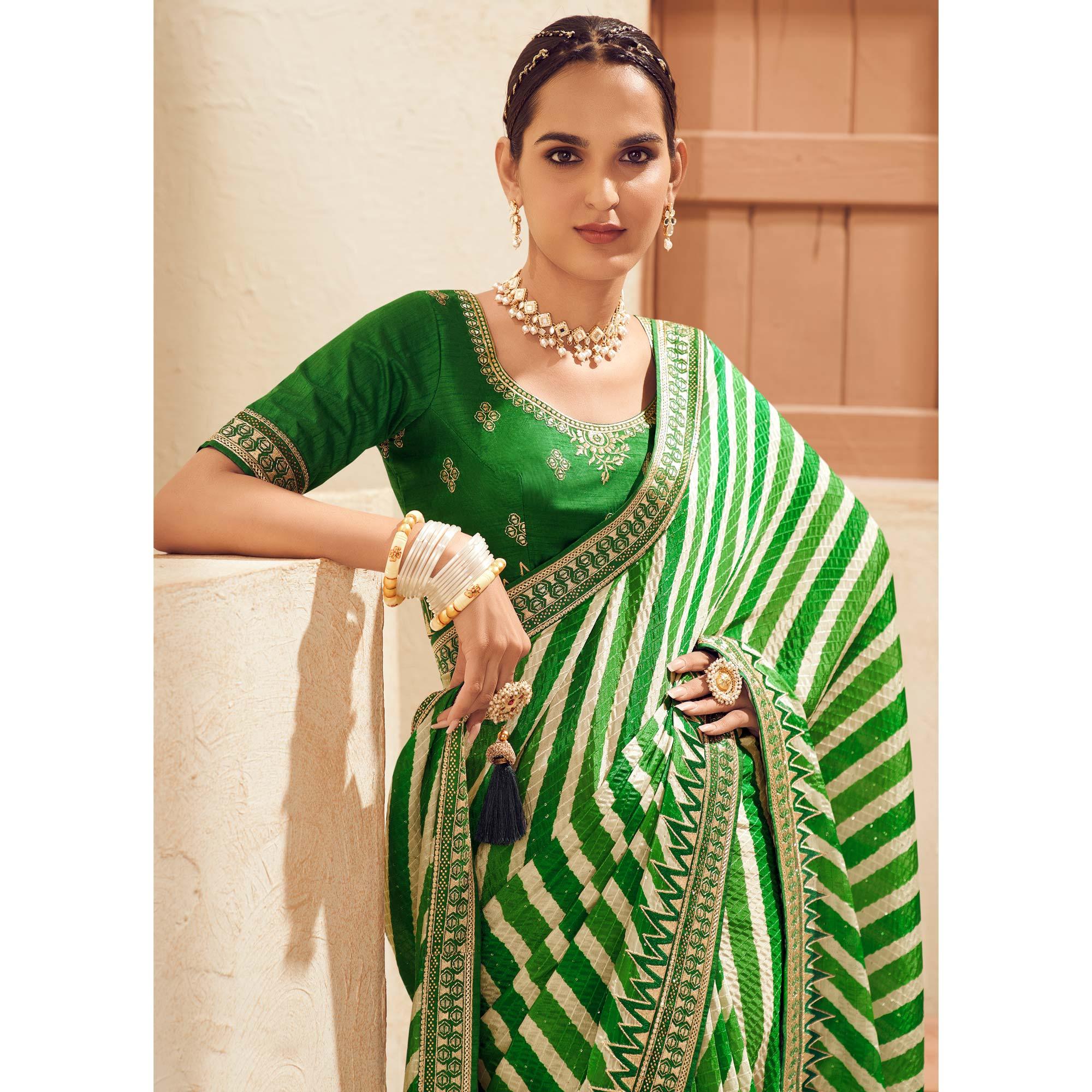 Green Printed With Embellished Chiffon Saree With Tassels - Peachmode