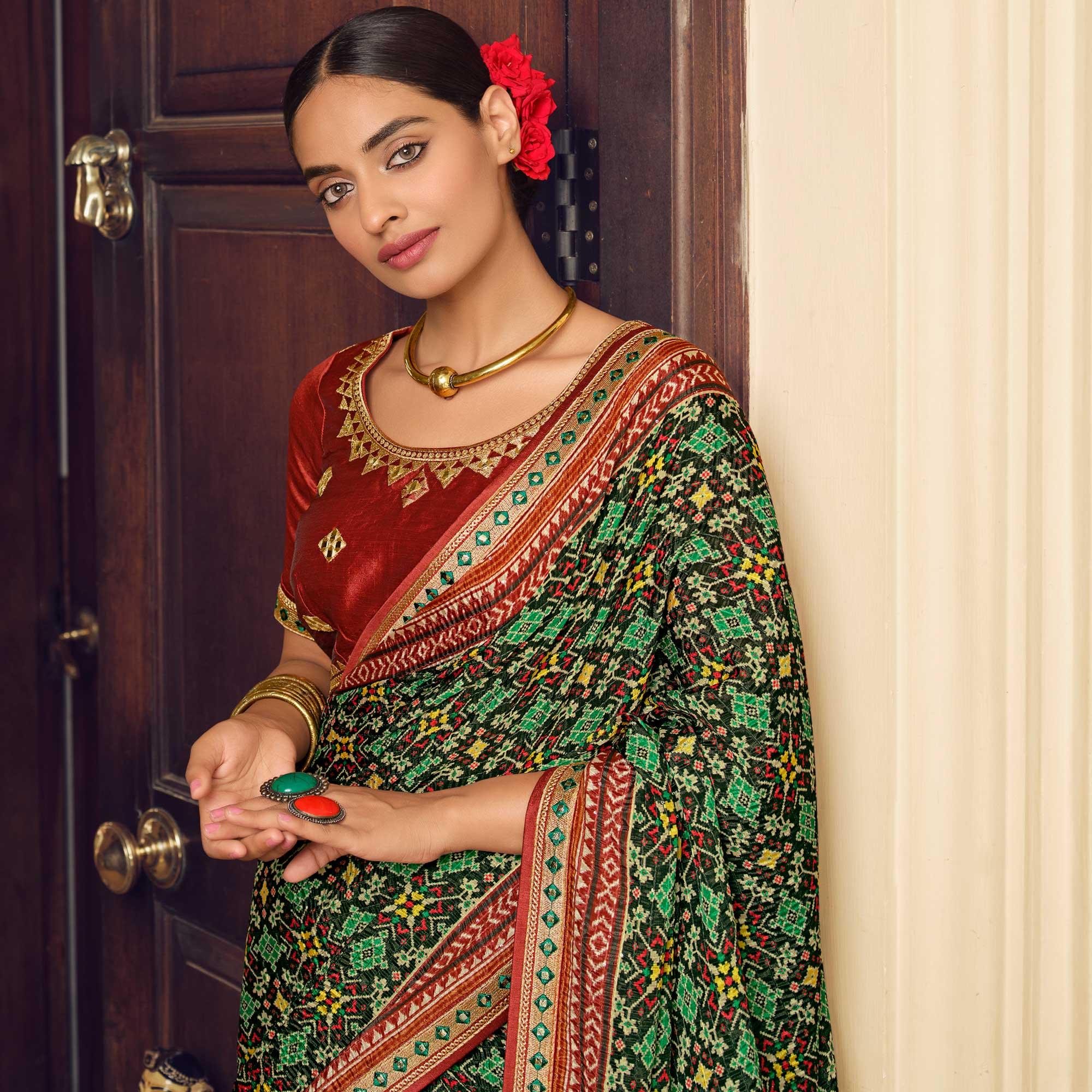 Green Printed With Embellished Chiffon Saree With Tassels - Peachmode