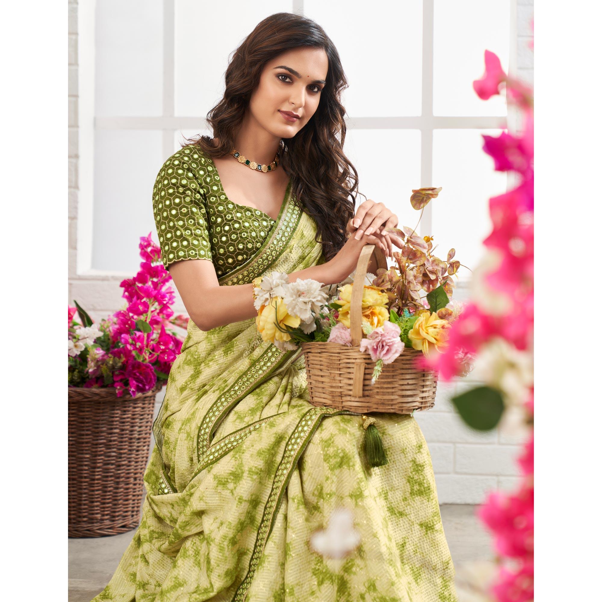 Green Printed With Embellished Chiffon Saree With Tassels - Peachmode