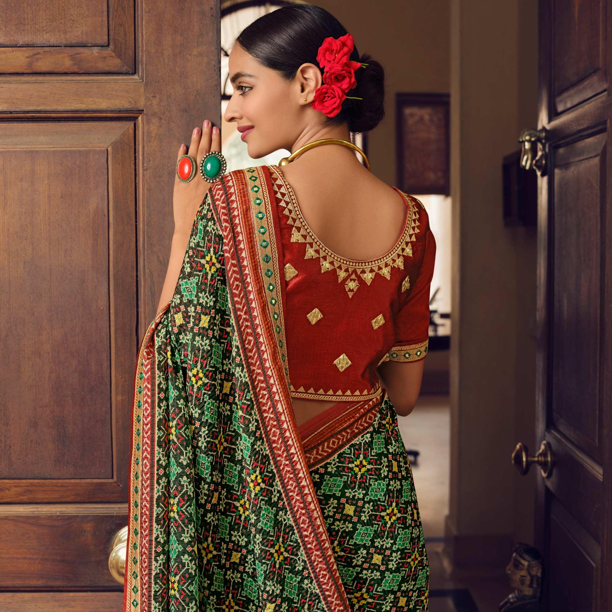 Green Printed With Embellished Chiffon Saree With Tassels - Peachmode