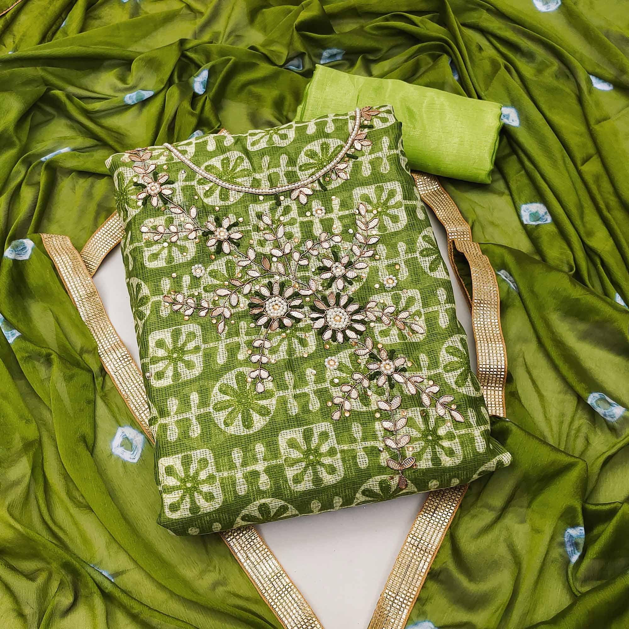 Green Printed With Embellished Khaadi Dress Material - Peachmode