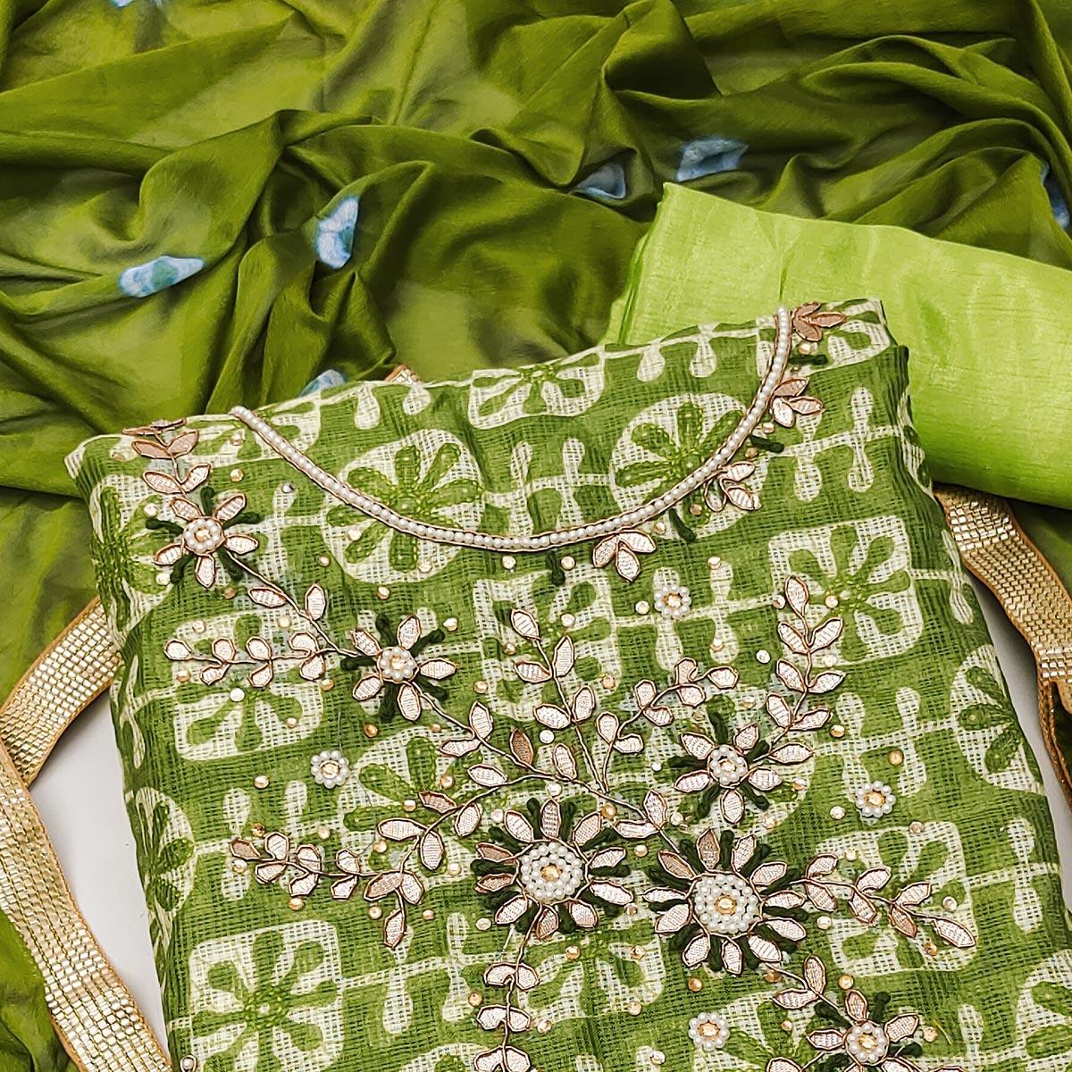 Green Printed With Embellished Khaadi Dress Material - Peachmode
