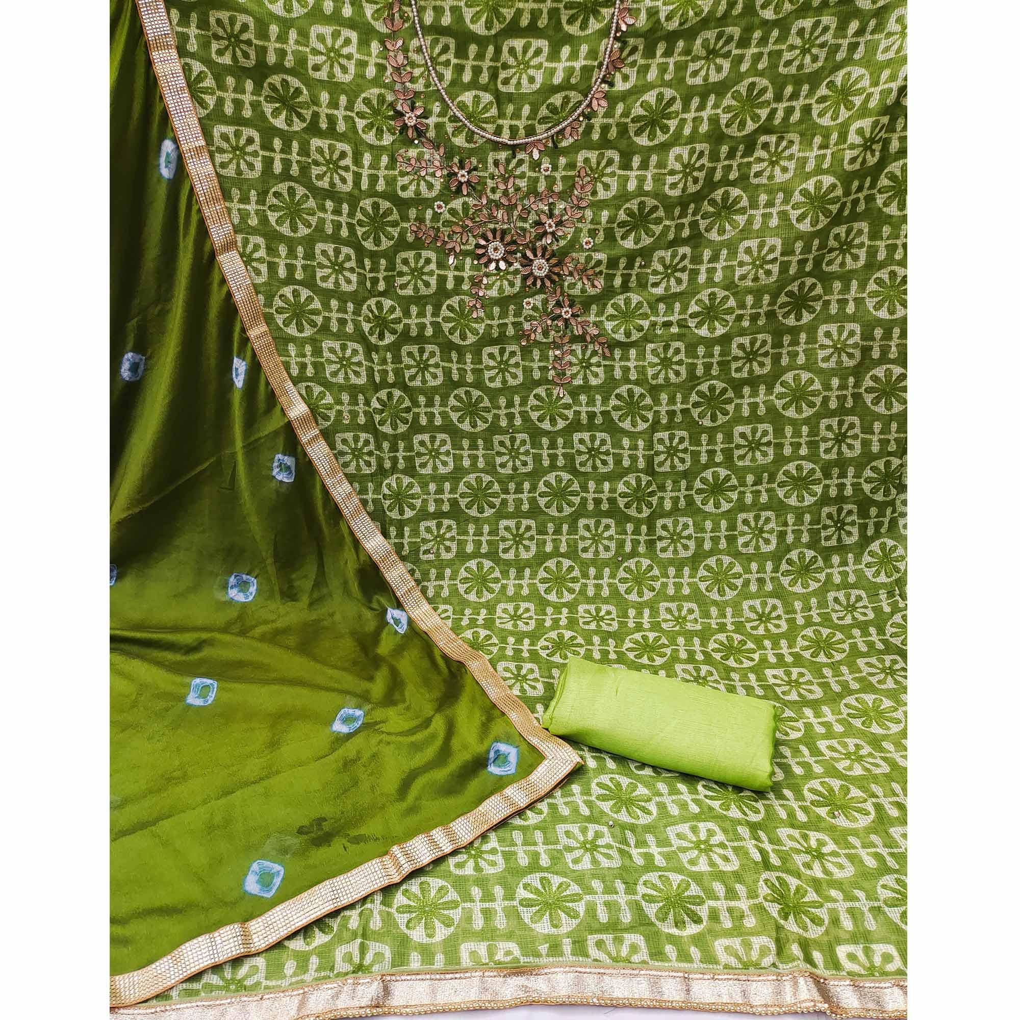 Green Printed With Embellished Khaadi Dress Material - Peachmode