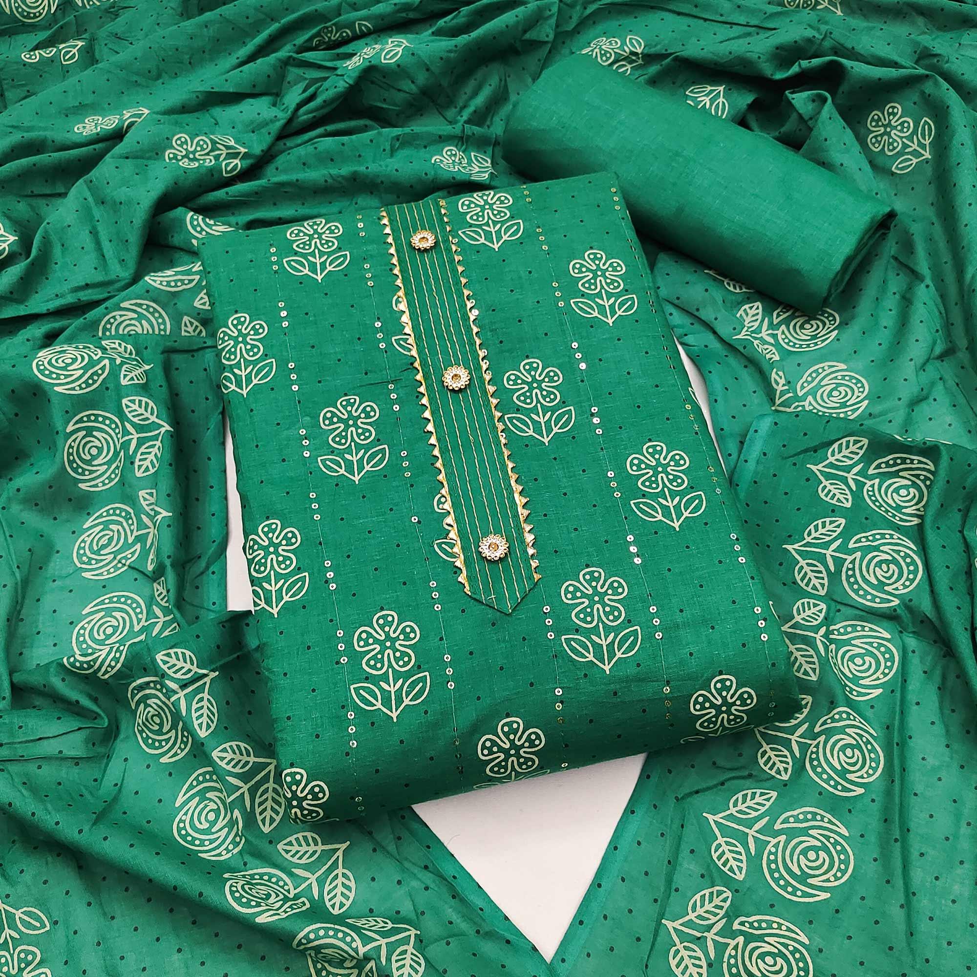 Green Printed With Embellished Pure Cotton Dress Material - Peachmode