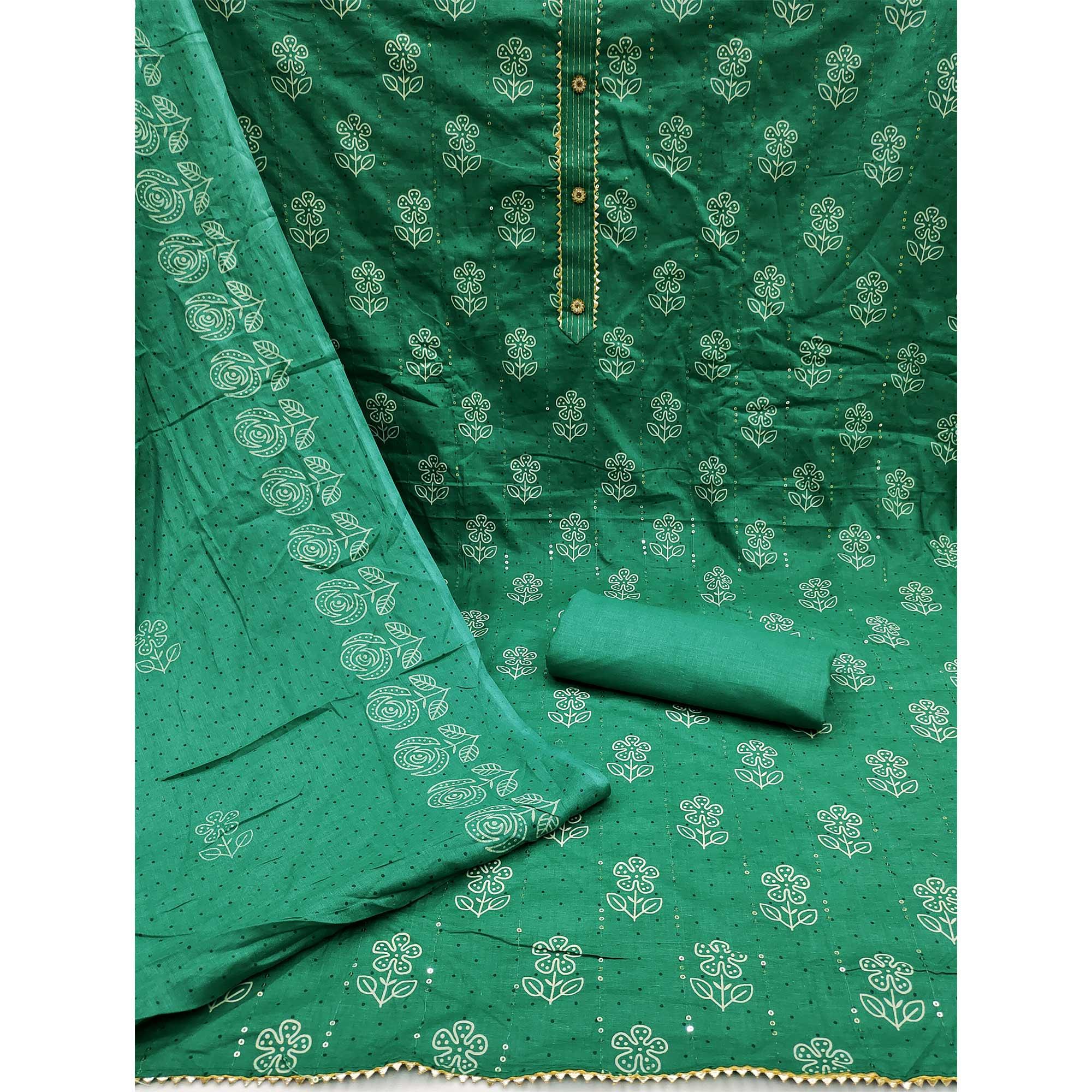 Green Printed With Embellished Pure Cotton Dress Material - Peachmode