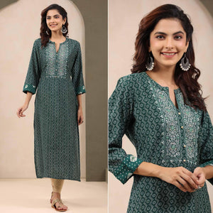 Green Printed With Embroidered Chanderi Kurti - Peachmode