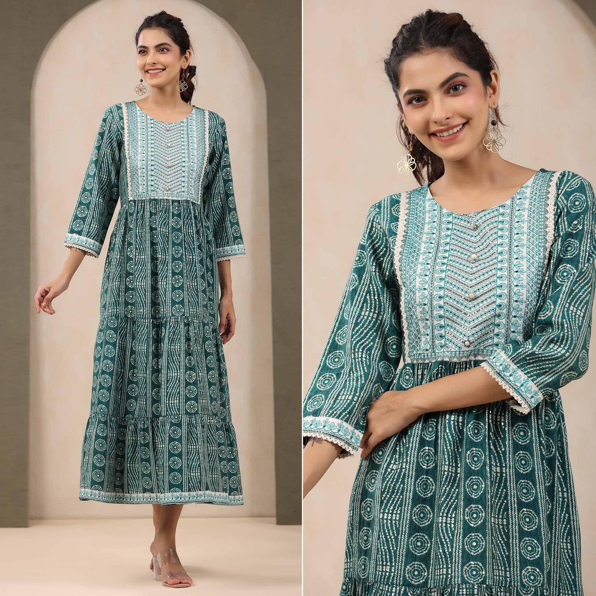 Green Printed With Embroidered Chanderi Kurti - Peachmode