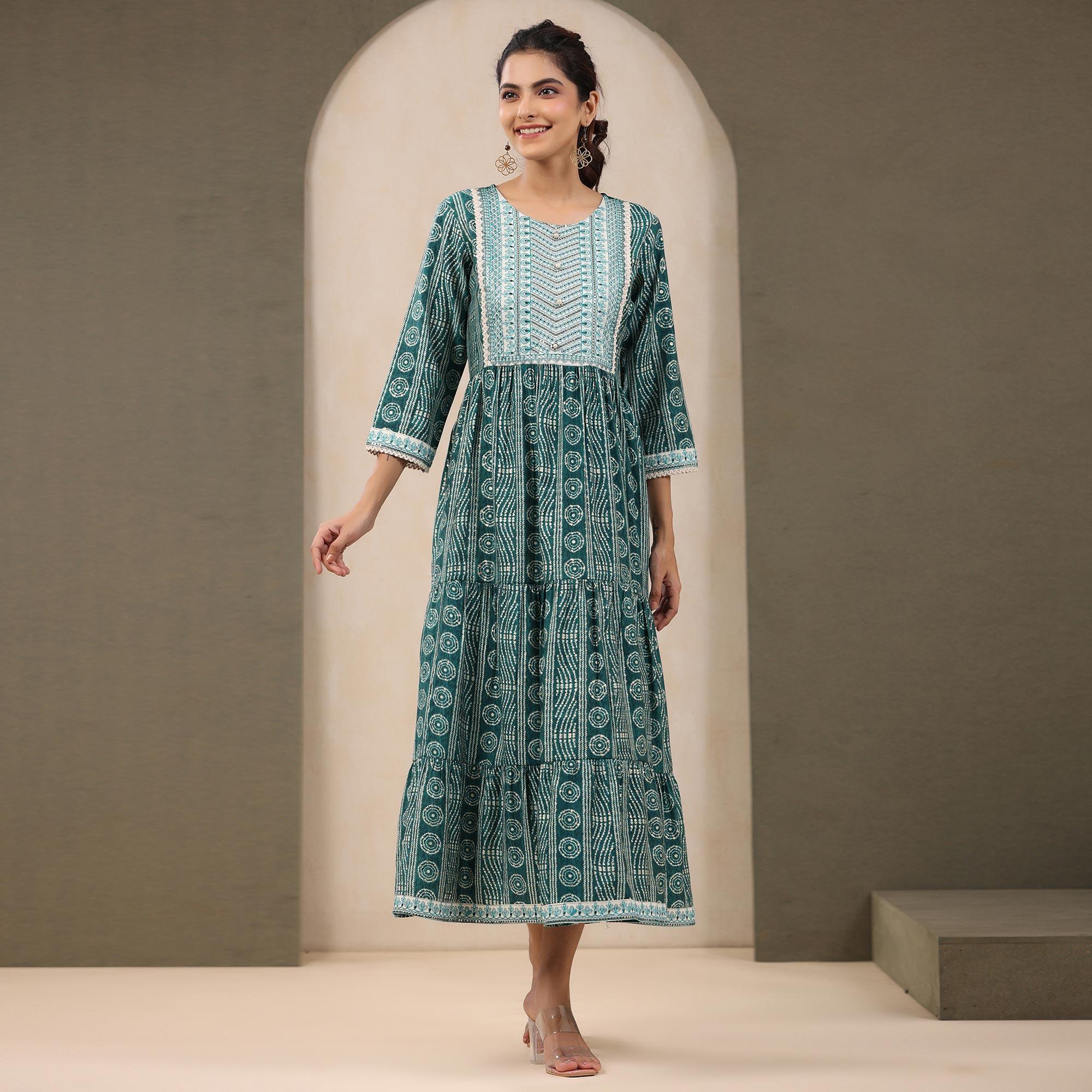 Green Printed With Embroidered Chanderi Kurti - Peachmode