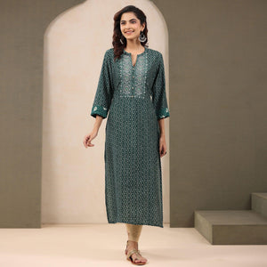 Green Printed With Embroidered Chanderi Kurti - Peachmode