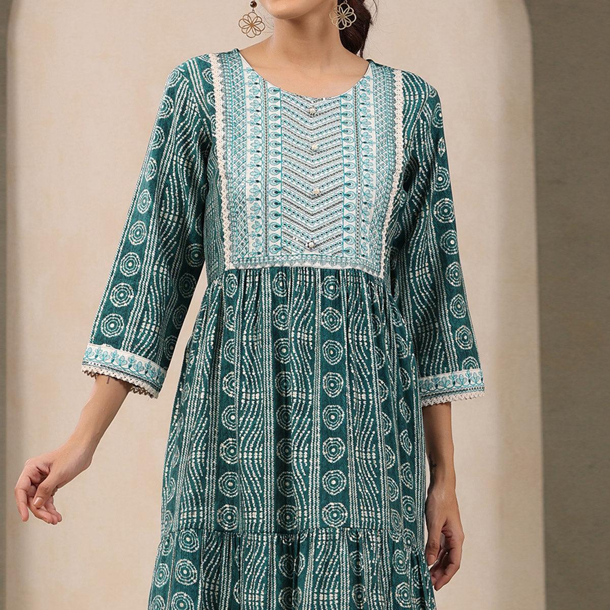 Green Printed With Embroidered Chanderi Kurti - Peachmode