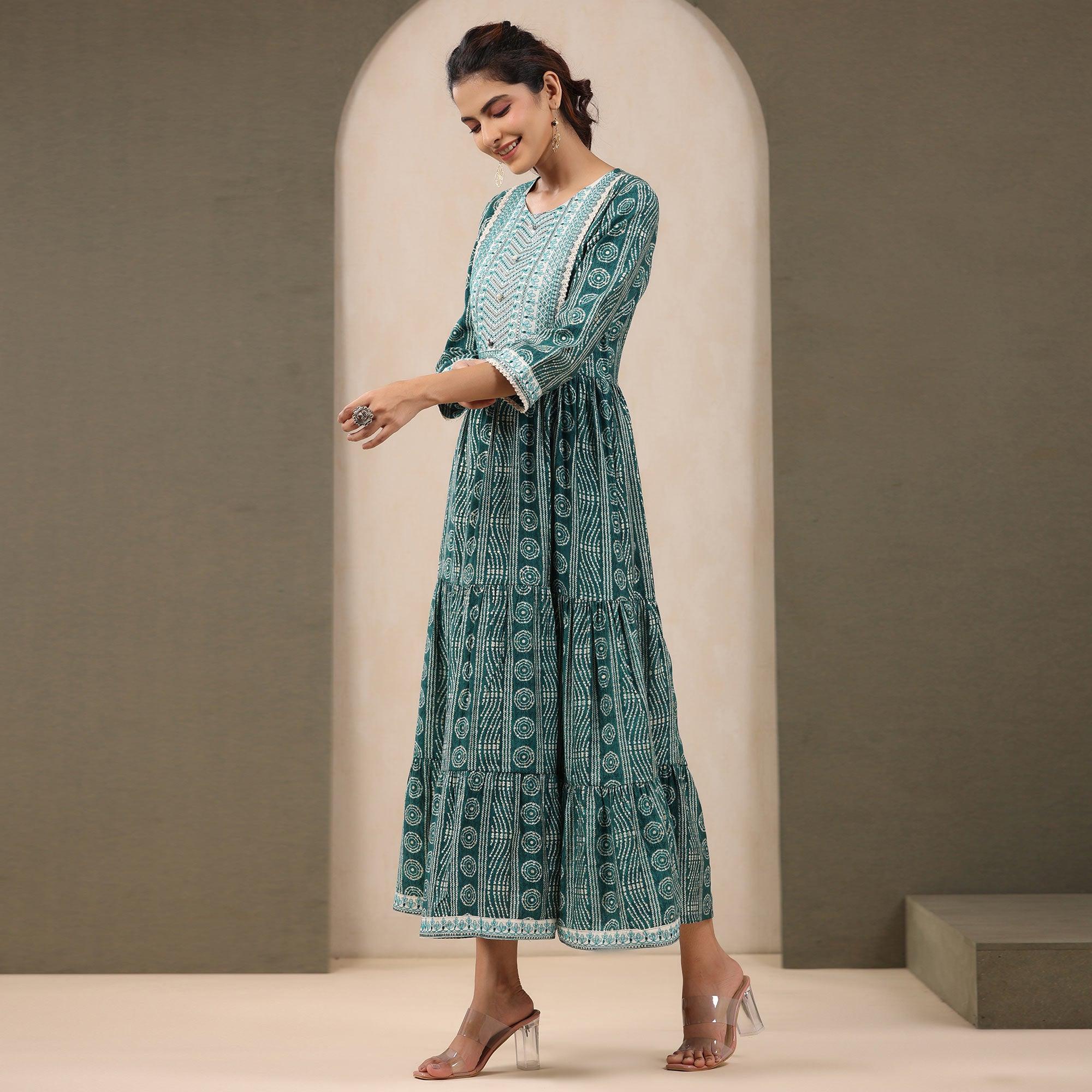 Green Printed With Embroidered Chanderi Kurti - Peachmode