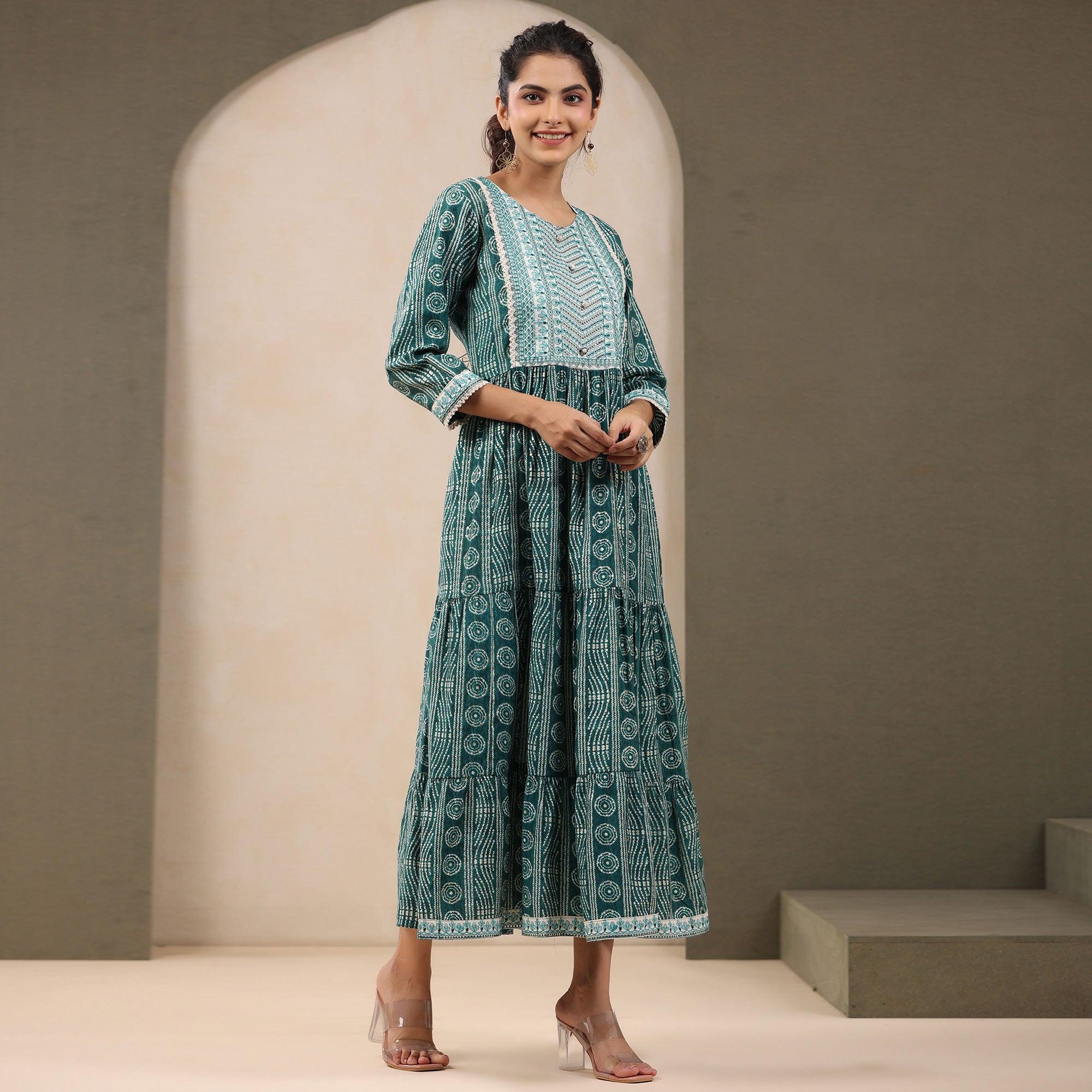 Green Printed With Embroidered Chanderi Kurti - Peachmode