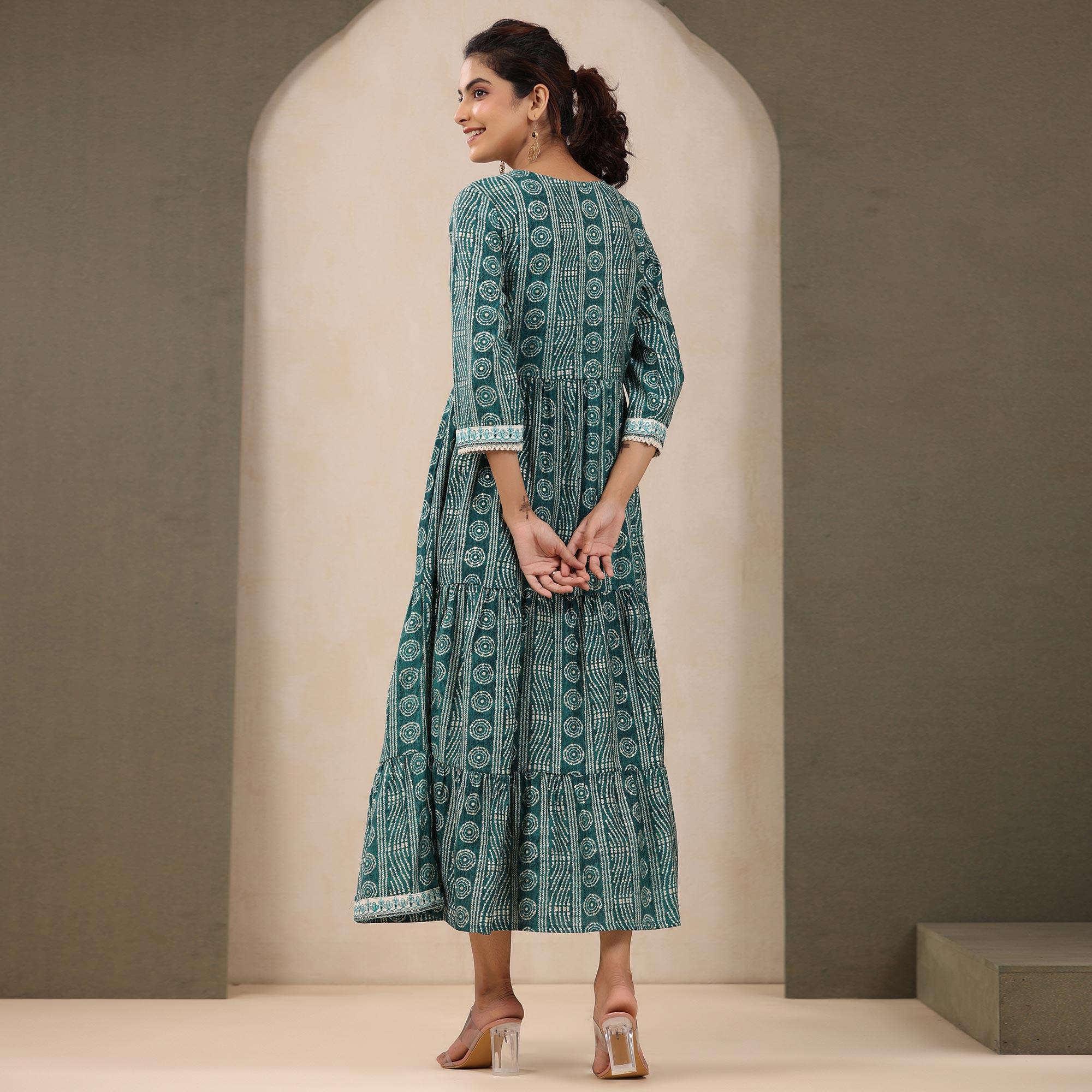 Green Printed With Embroidered Chanderi Kurti - Peachmode