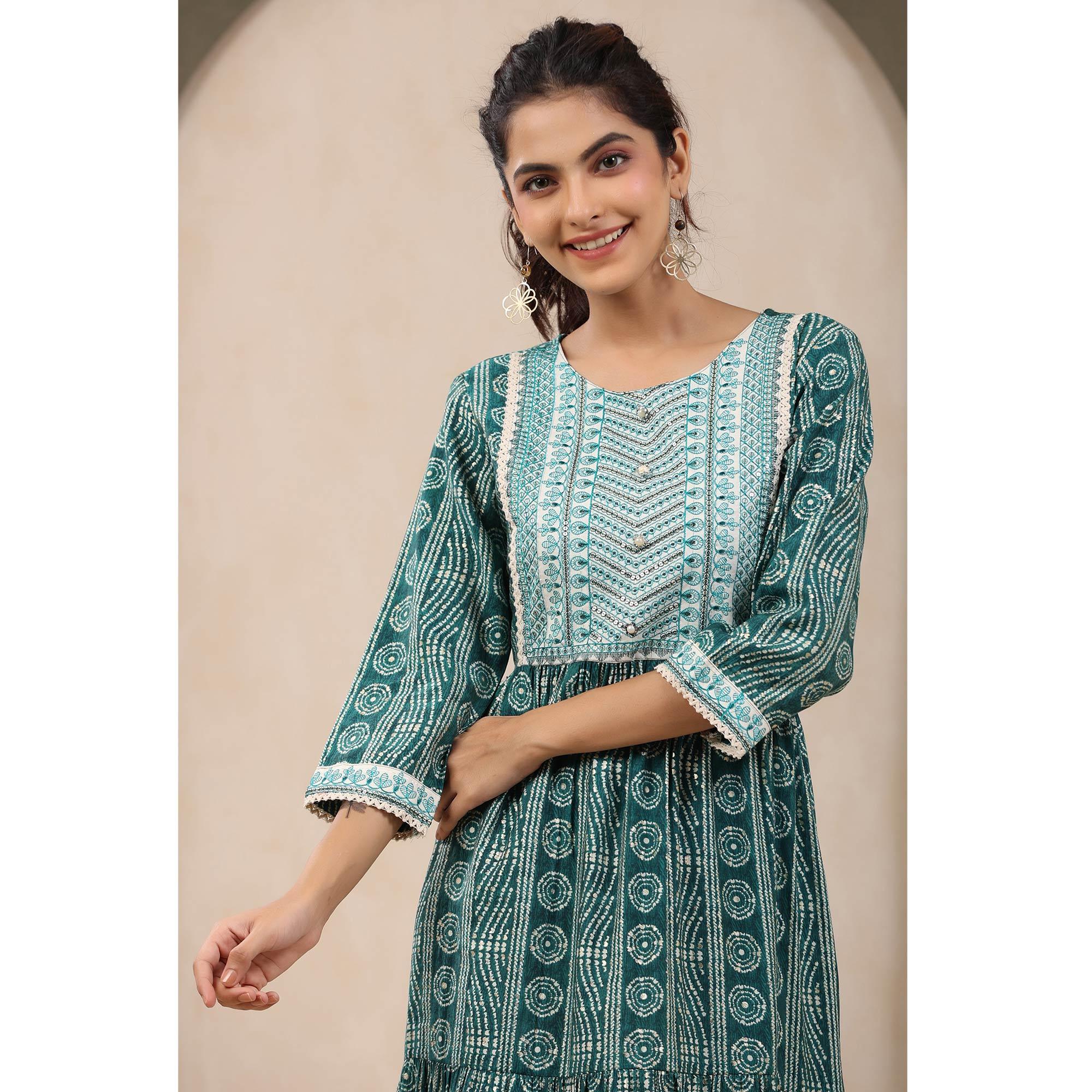 Green Printed With Embroidered Chanderi Kurti - Peachmode