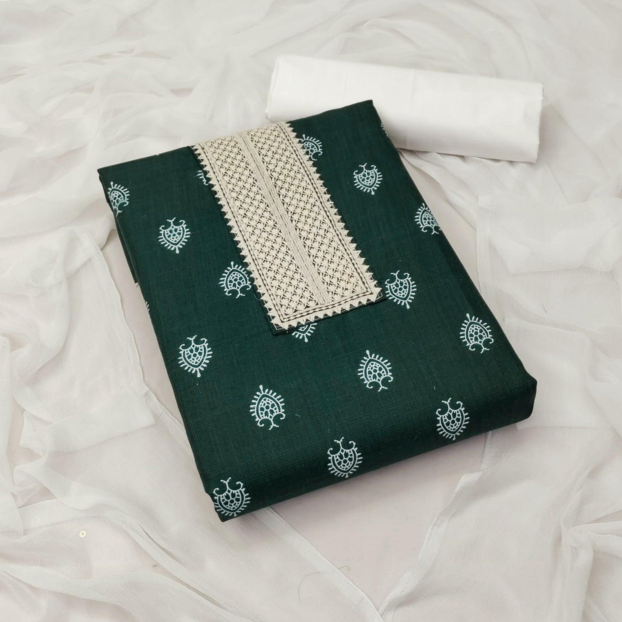 Green Printed With Embroidered Cotton Blend Dress Material - Peachmode