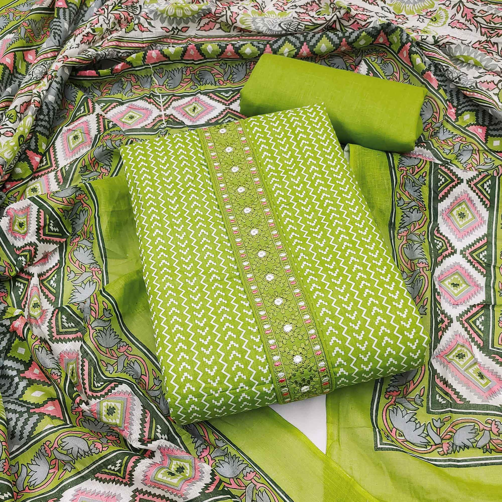 Green Printed With Embroidered Cotton Blend Dress Material - Peachmode