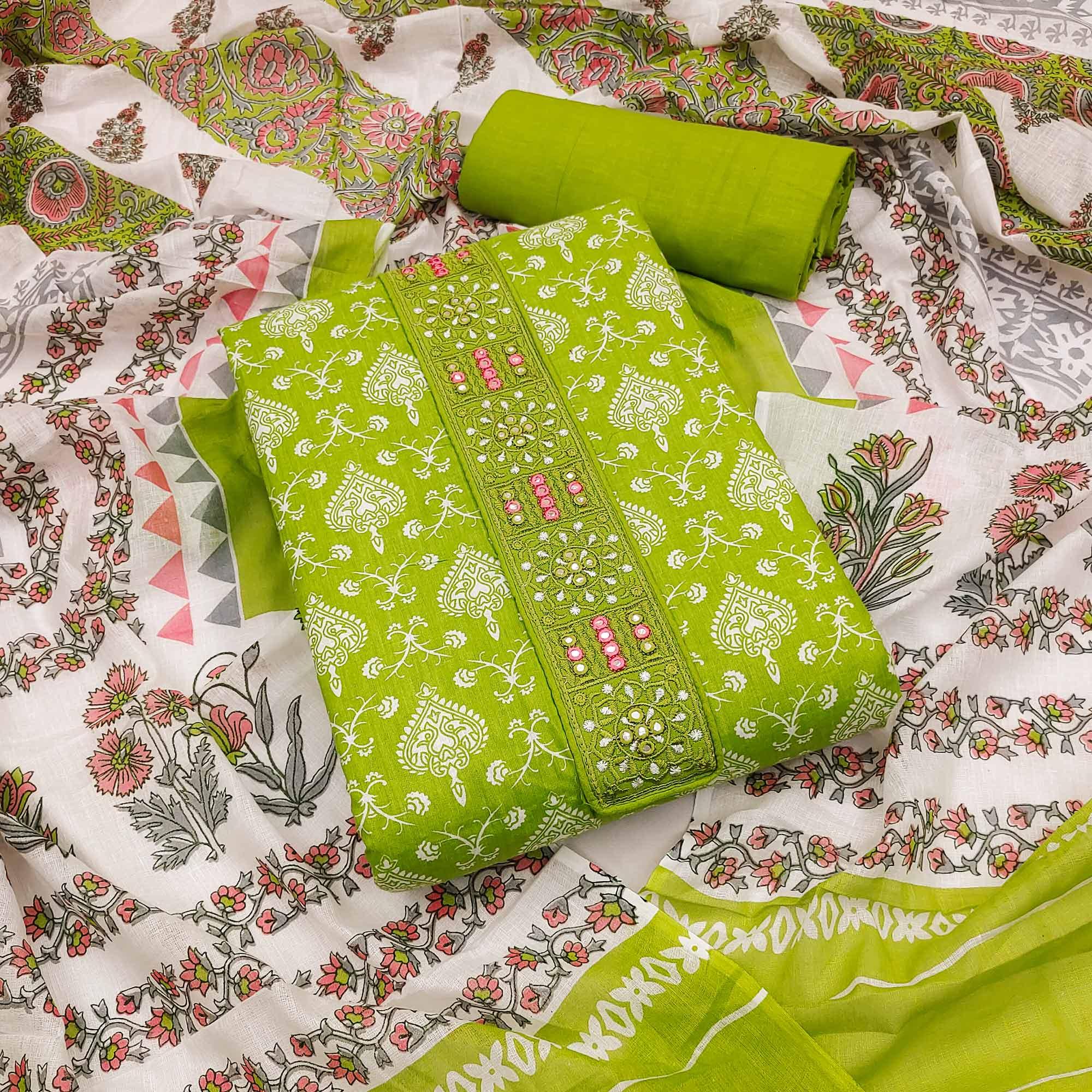 Green Printed With Embroidered Cotton Blend Dress Material - Peachmode