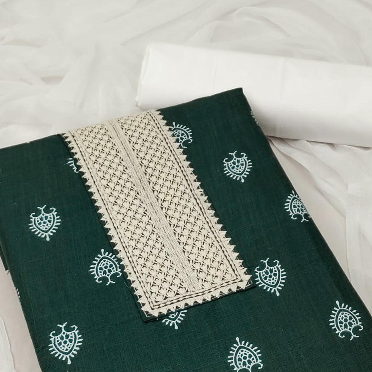 Green Printed With Embroidered Cotton Blend Dress Material - Peachmode