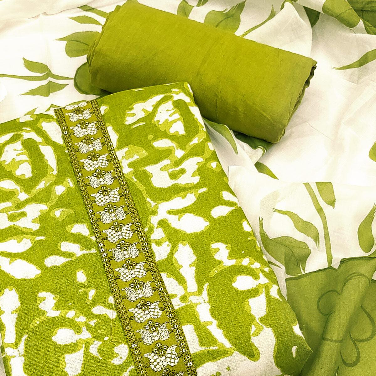 Green Printed With Embroidered Cotton Blend Dress Material - Peachmode