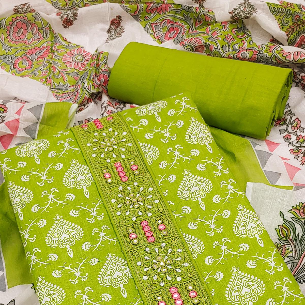 Green Printed With Embroidered Cotton Blend Dress Material - Peachmode