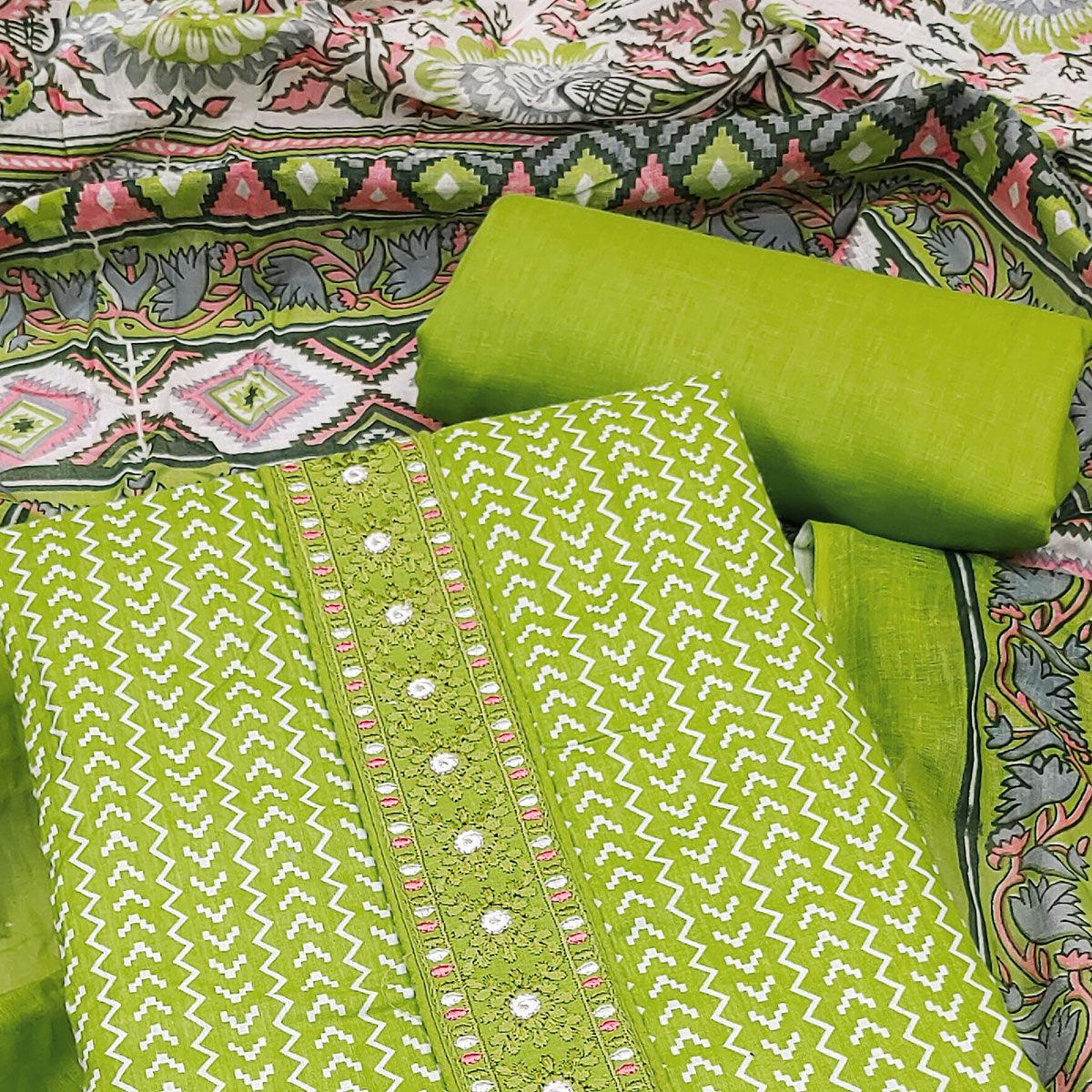 Green Printed With Embroidered Cotton Blend Dress Material - Peachmode