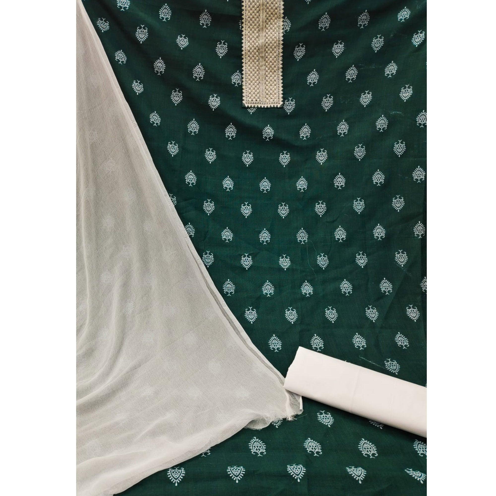 Green Printed With Embroidered Cotton Blend Dress Material - Peachmode